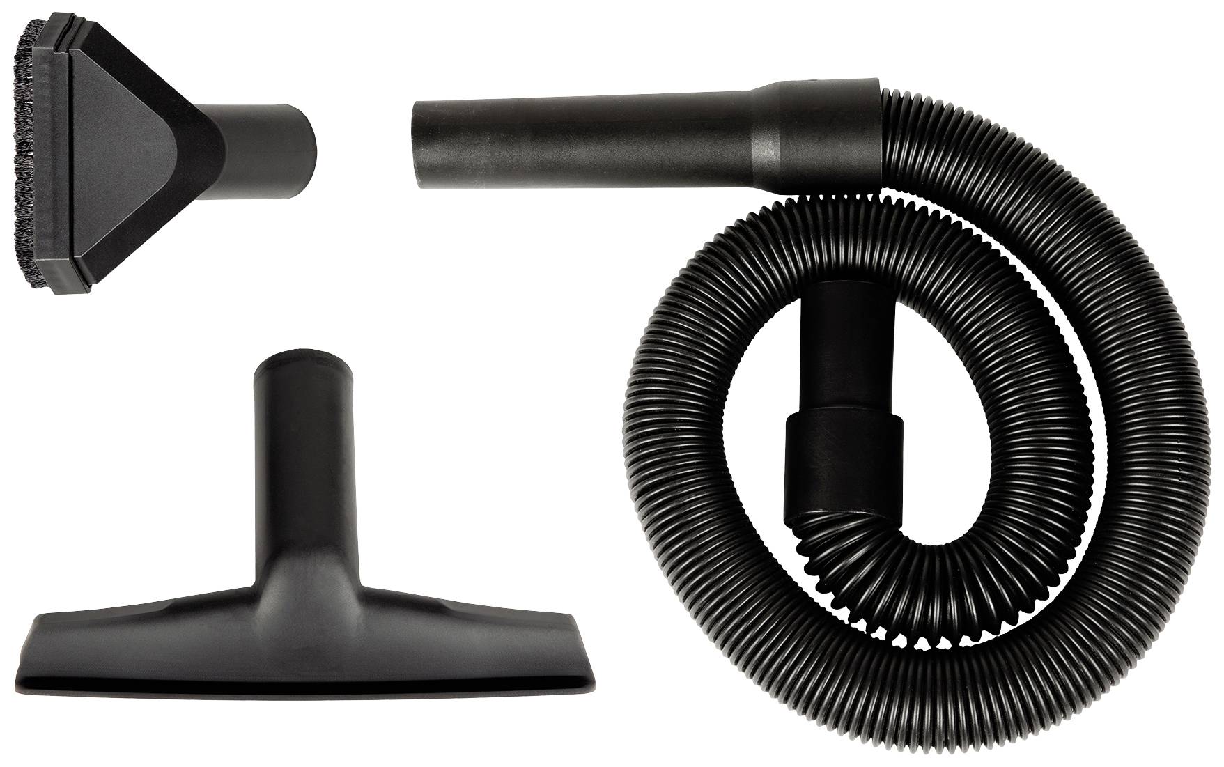 Vacuum cleaner accessories including a suction hose, a brush nozzle and a flat floor nozzle.
