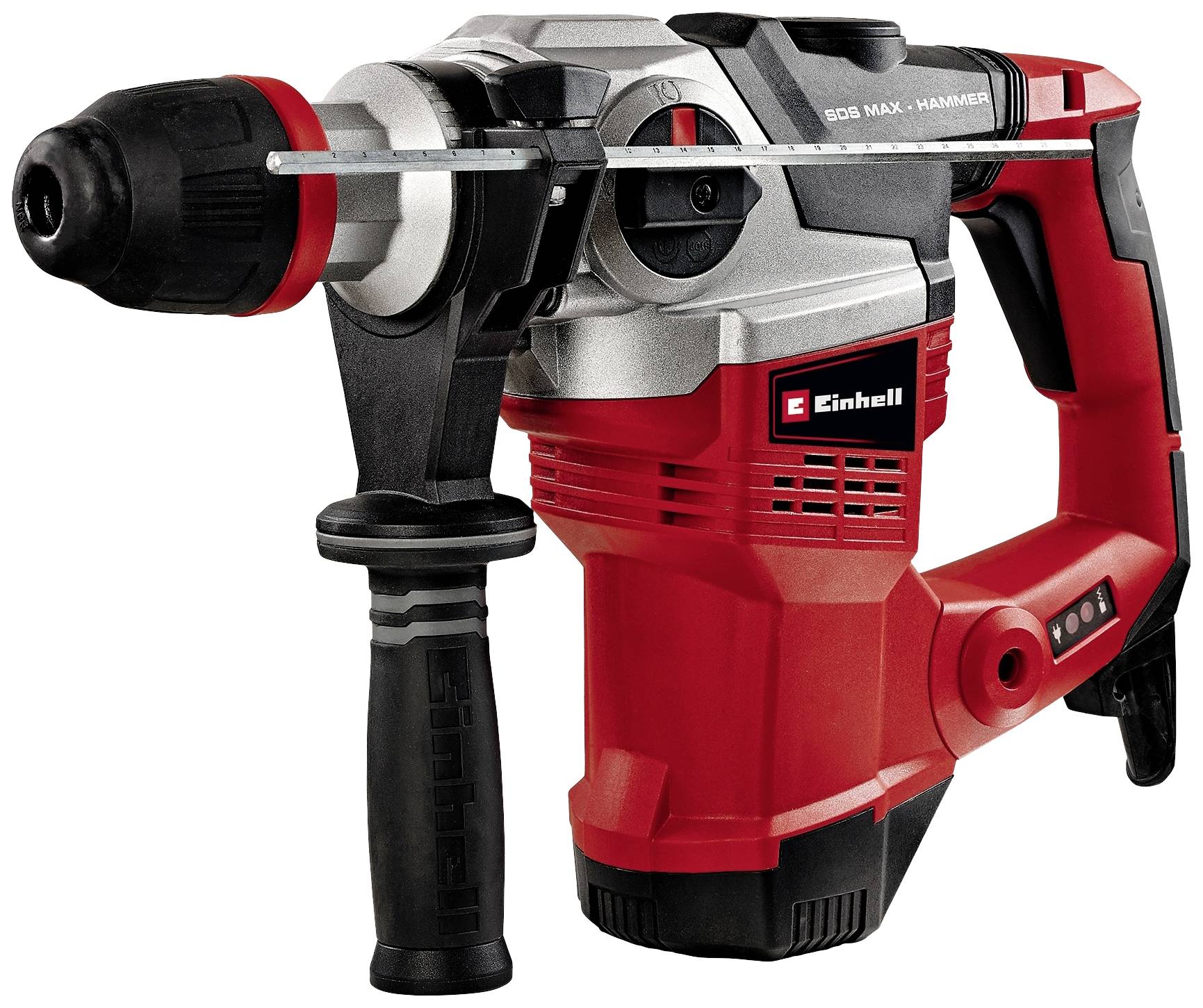 Red SDS-Max rotary hammer drill with black handle and Einhell logo, suitable for heavy-duty drilling in concrete and masonry.