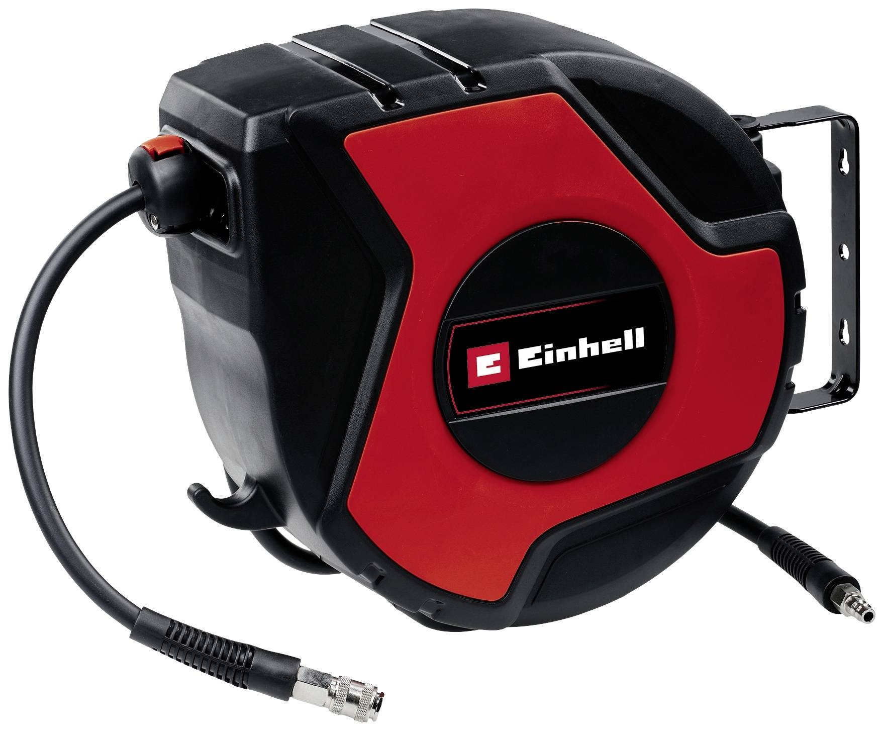 Wall-mounted hose reel in black and red with Einhell logo, displaying compressed air hoses, suitable for workshop organisation.