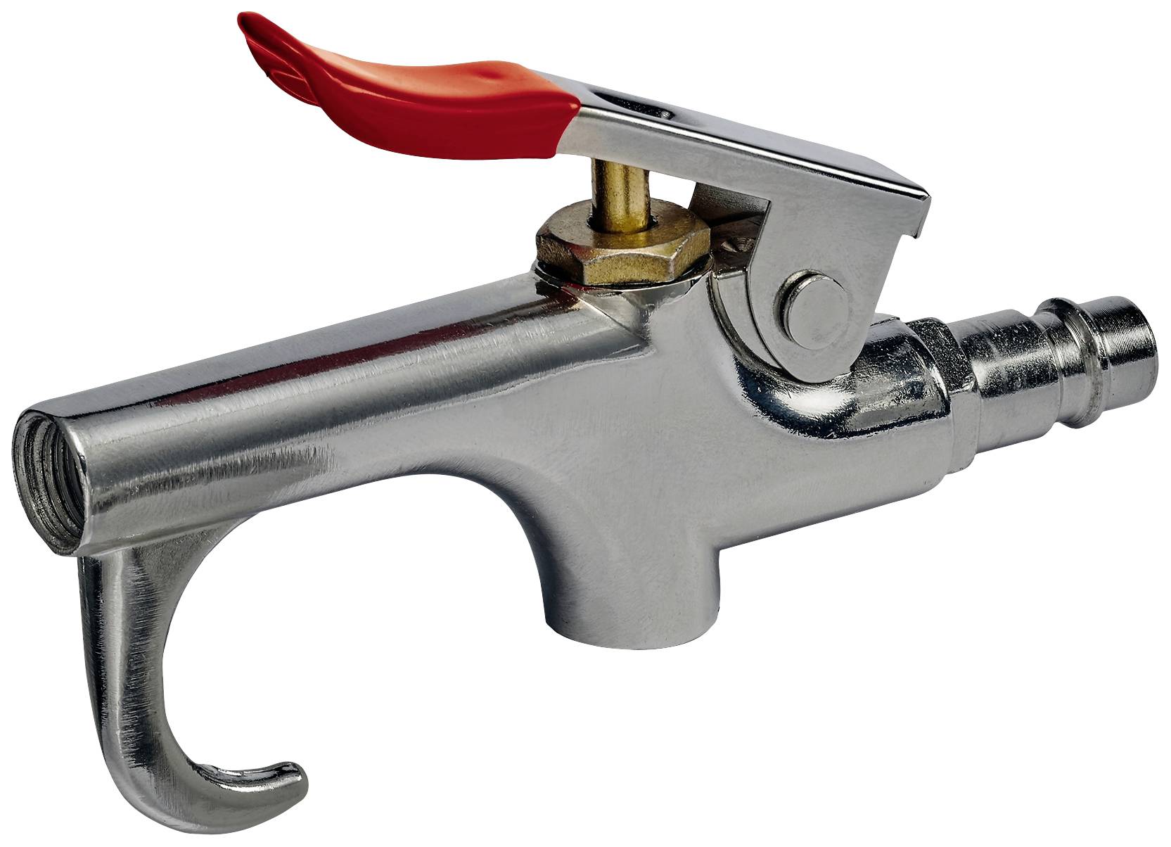 A silver hosepipe tap with a red lever handle used for opening and closing the water flow.