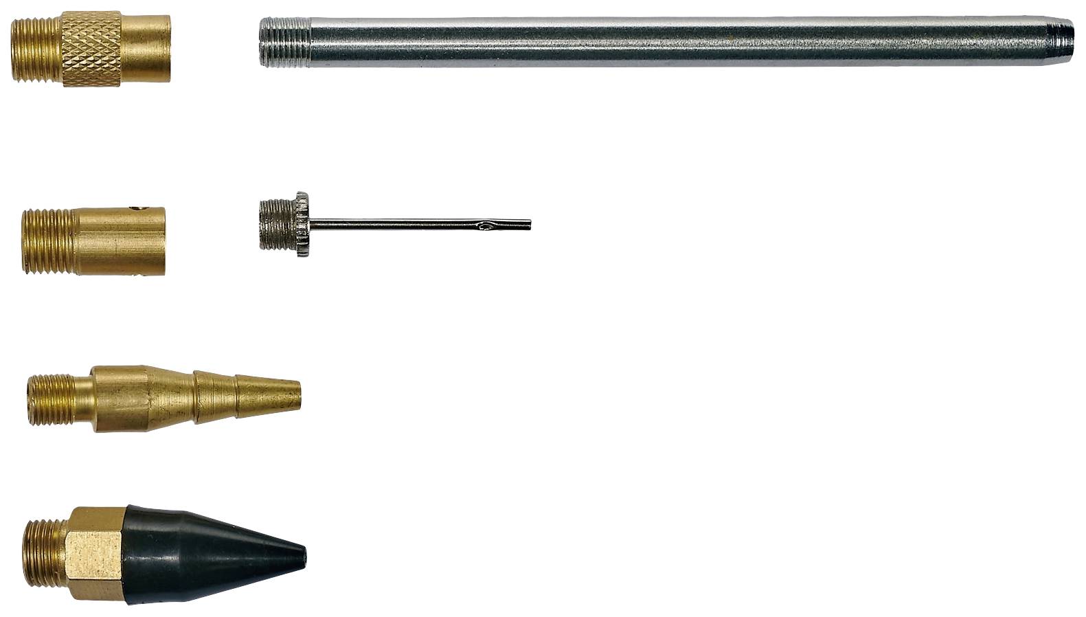 Various metal nozzle and adapter parts arranged horizontally. At the top: a long rod; other parts beneath smaller and differently shaped.