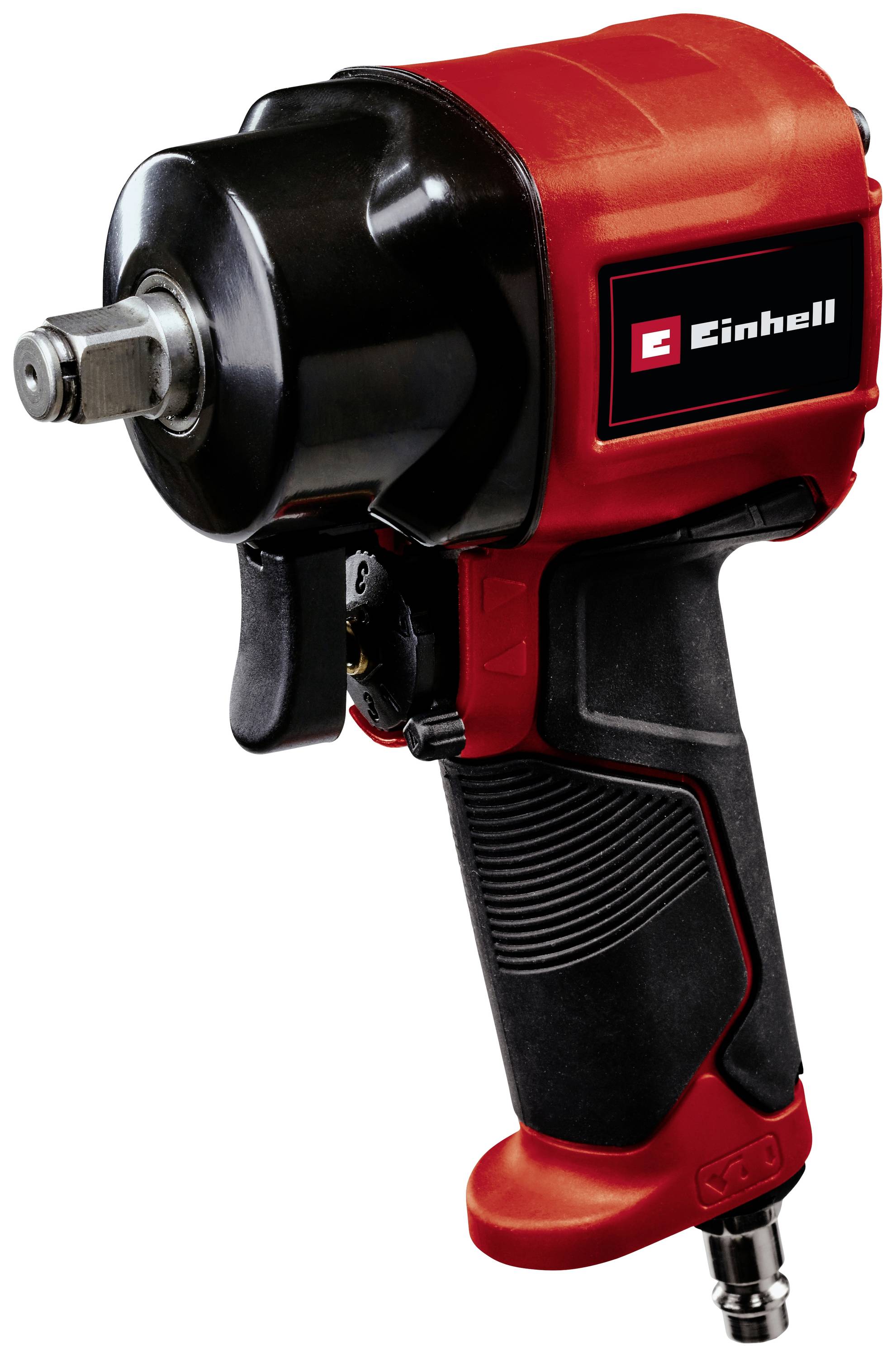 A red and black pneumatic impact wrench by Einhell, ergonomically shaped with a non-slip grip, suitable for automotive repairs.