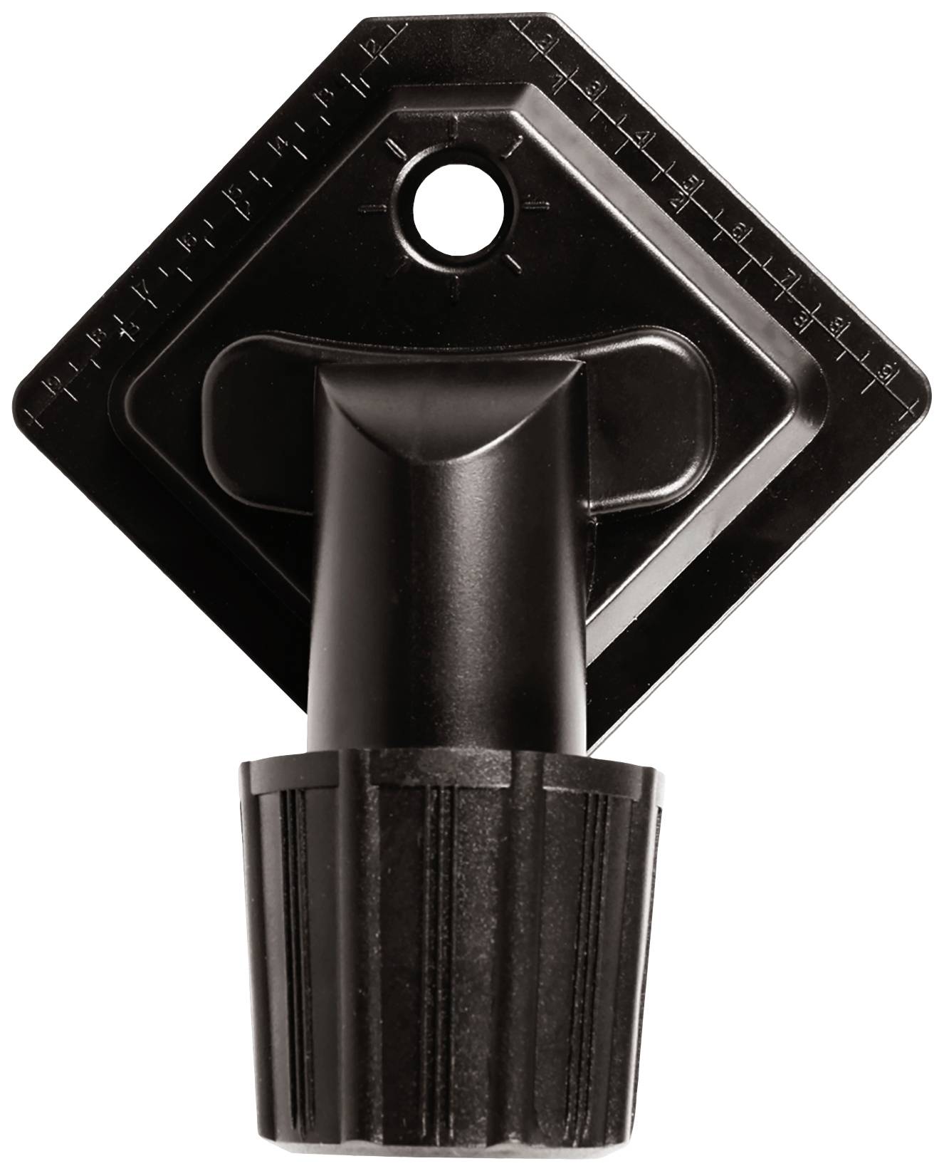 A square black stand with a central, round handle, presumably a mounting tool or a fixing device.