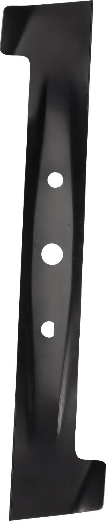 A black metal lawnmower blade with three round holes symmetrically positioned in the centre.