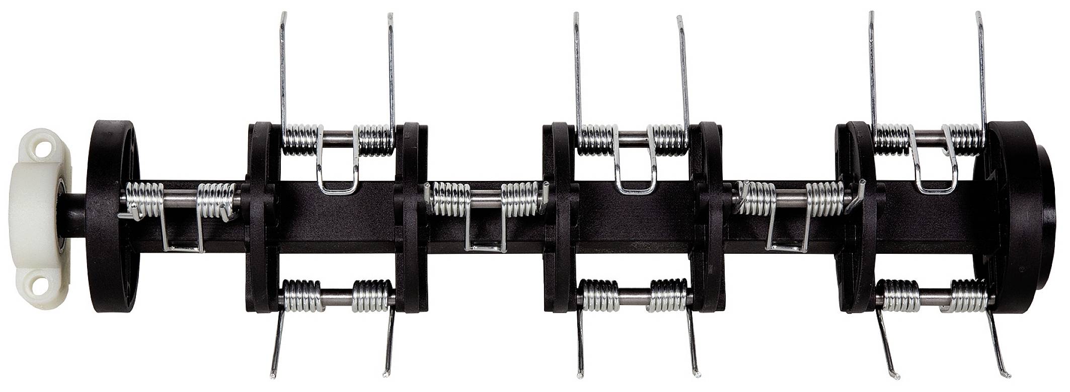Ein schwarzes, zylinderförmiges Maschinenteil mit mehreren Federn und Metallarmen, möglicherweise Teil eines mechanischen Geräts.