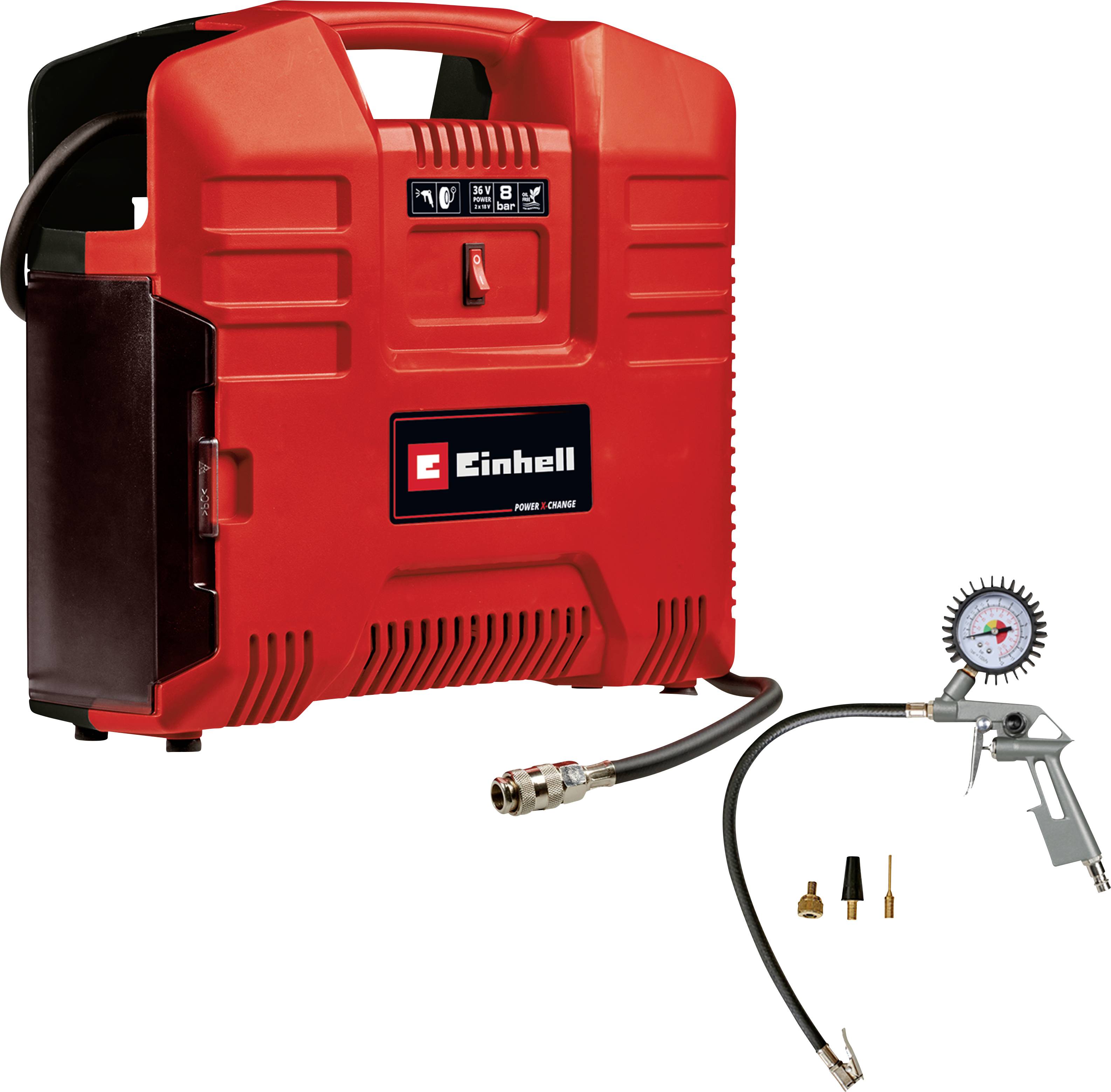 Red Einhell portable air compressor with hose, pressure gauge and spray gun attachment on white background.