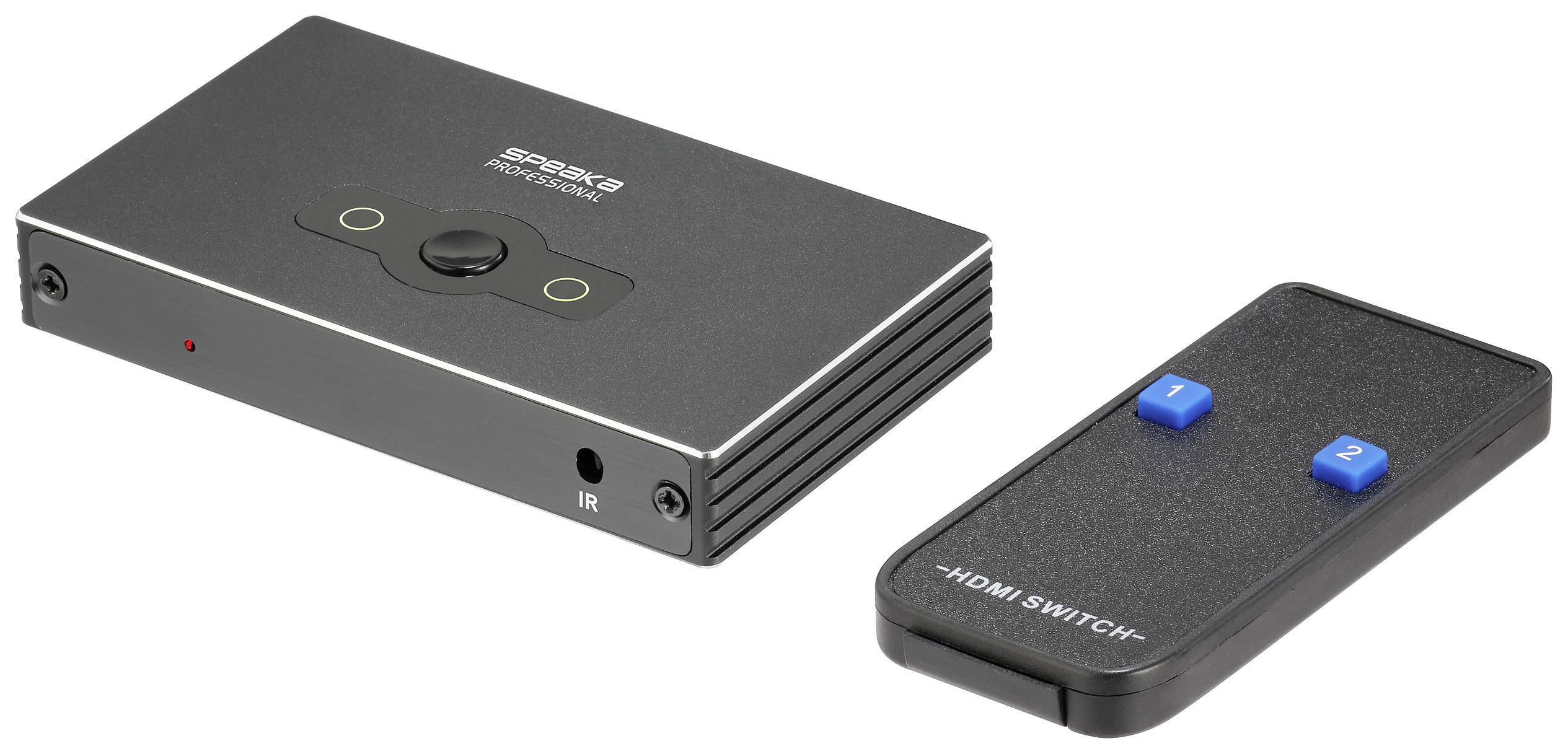 A black HDMI switch with two ports and a remote control featuring two blue buttons, numbered '1' and '2'.