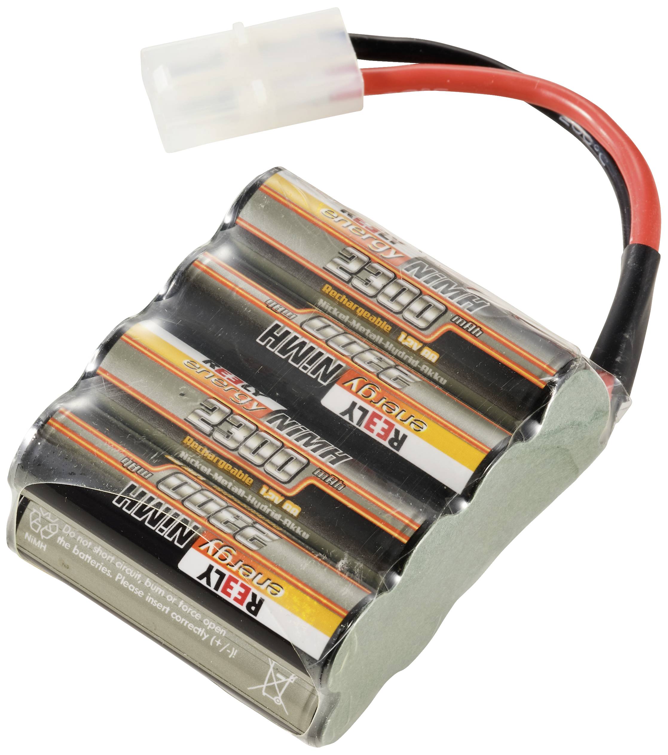 A battery pack with four cylindrical battery cells connected in series, linked by red and black cables and a white connector.