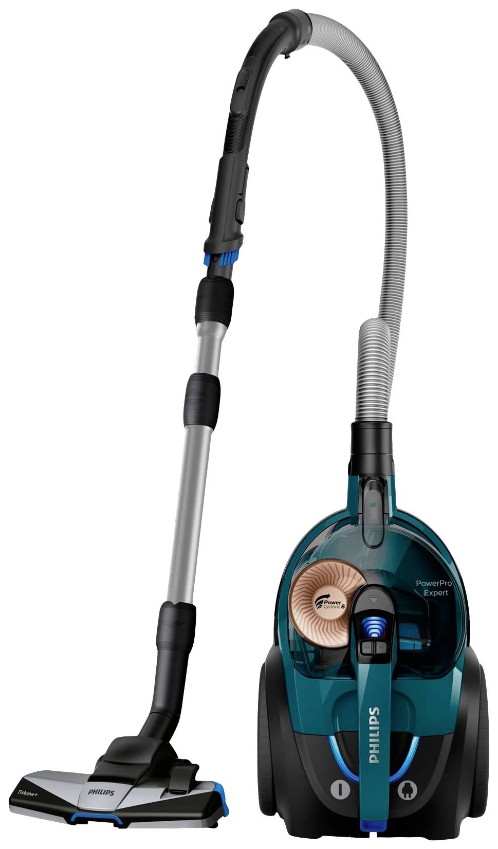 A blue Philips vacuum cleaner with a transparent container and a long, flexible hose.
