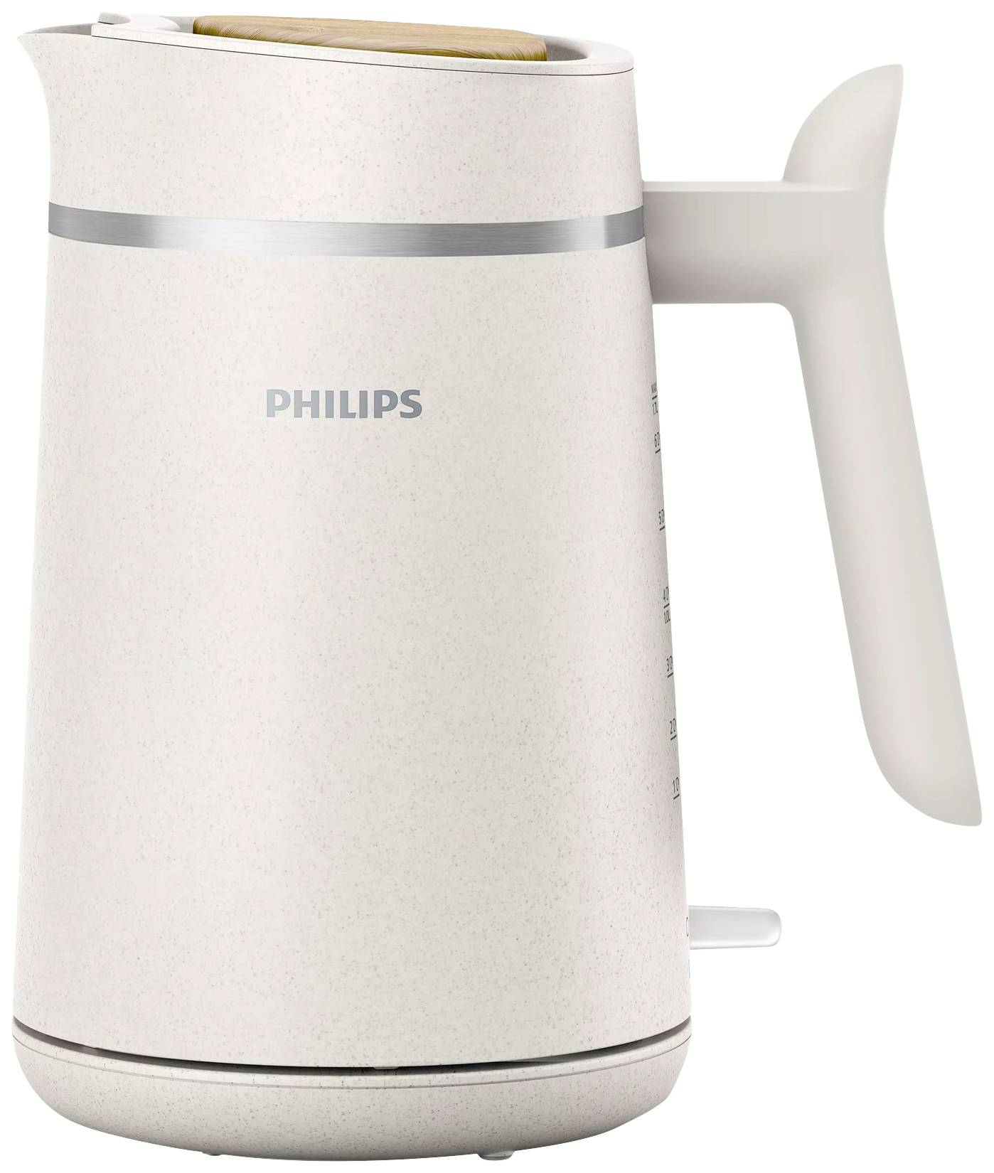 Electric kettle in a modern design, white with silver accents, wooden lid, with the brand name 'Philips' positioned on the side.