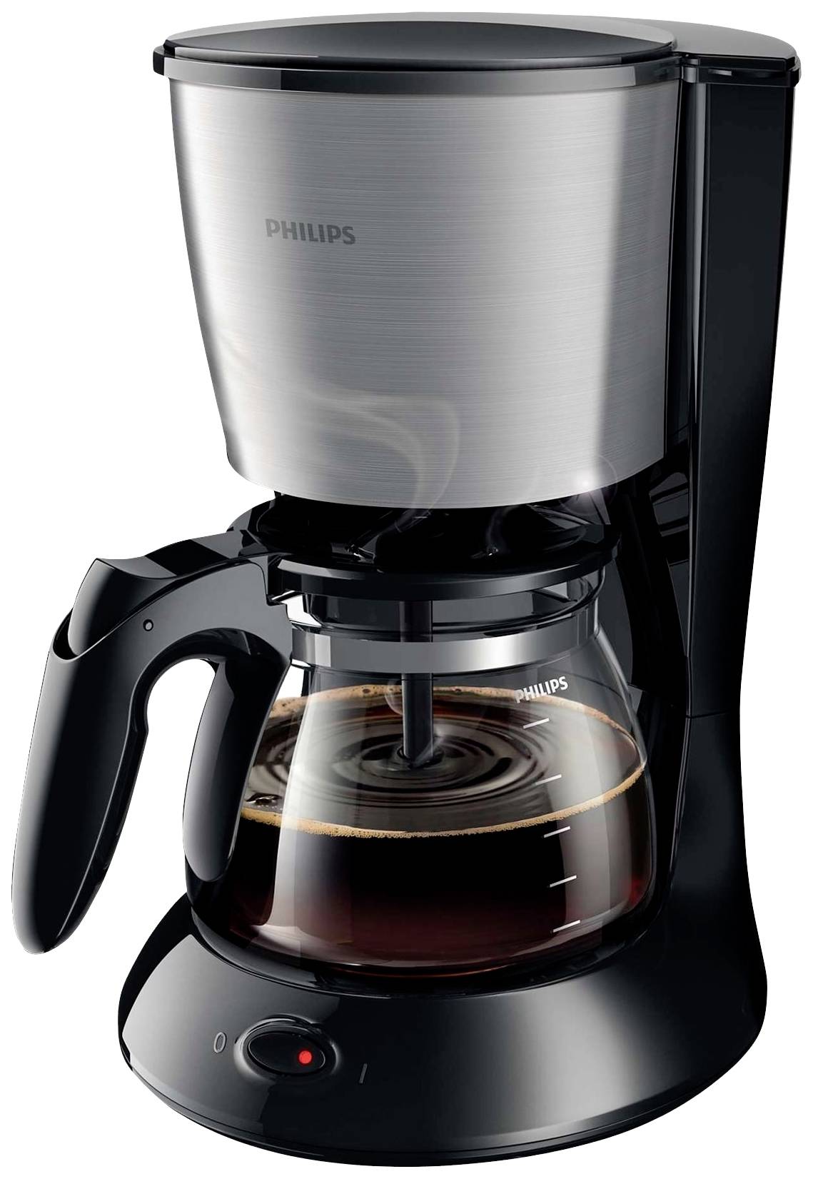 A black filter coffee machine with a glass carafe full of coffee on a heating plate.