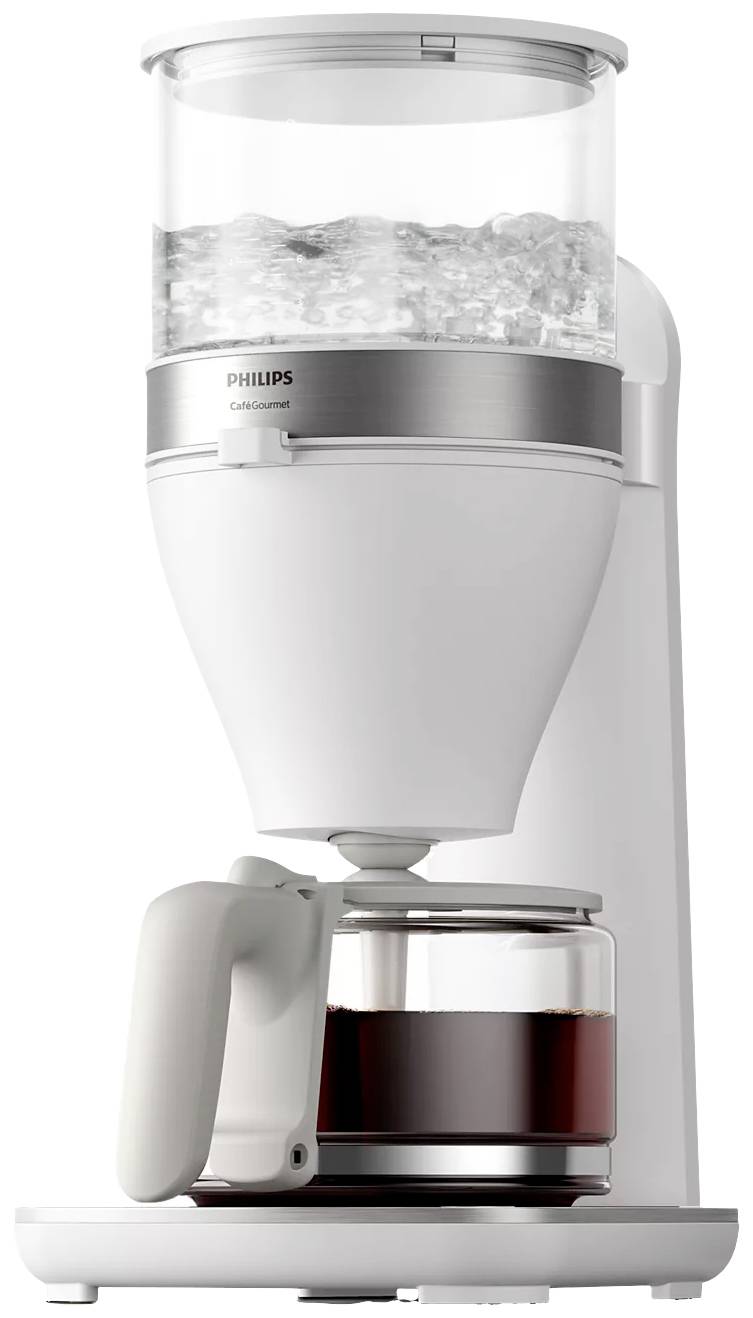White coffee maker with glass container, filled with freshly brewed coffee, on a kitchen worktop.