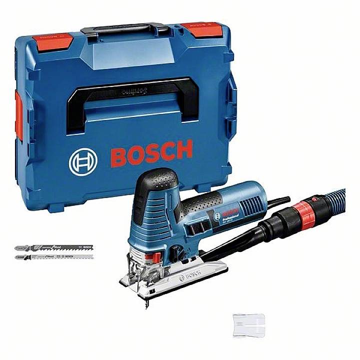 Jigsaw with case. The saw is electric and made by Bosch. Three saw blades are visible to the left of the saw.