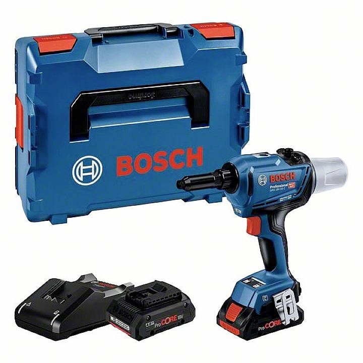 Cordless Impact Driver Set with Blue Carry Case, Charger and Battery, Brand 'Bosch'. Main Tool in Blue with Red Grip Details.