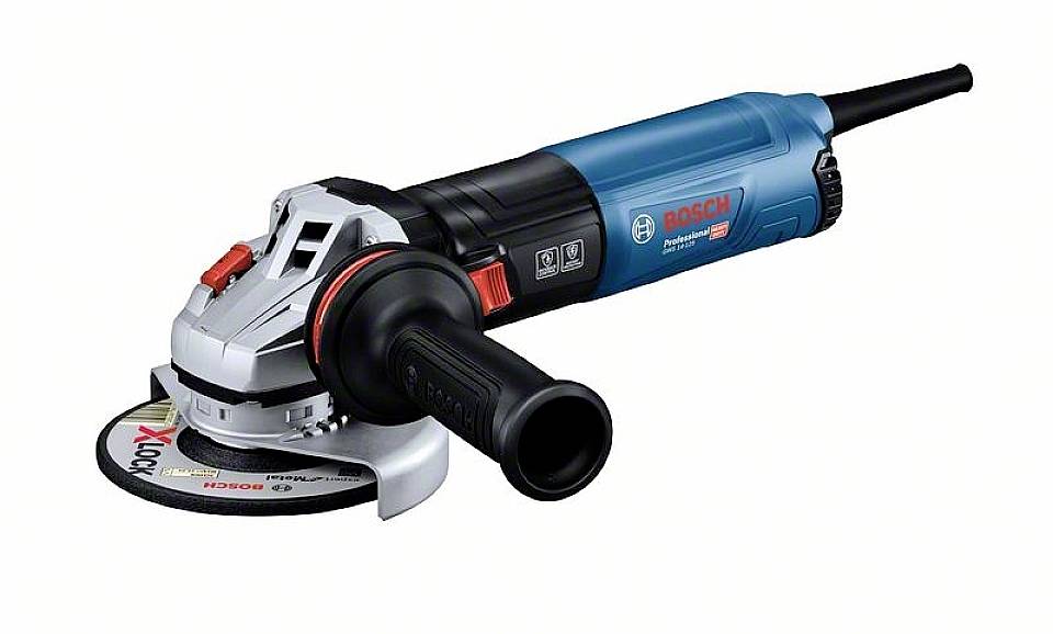 Angle grinder with blue casing and black handle. Brand name and model on the side of the casing.