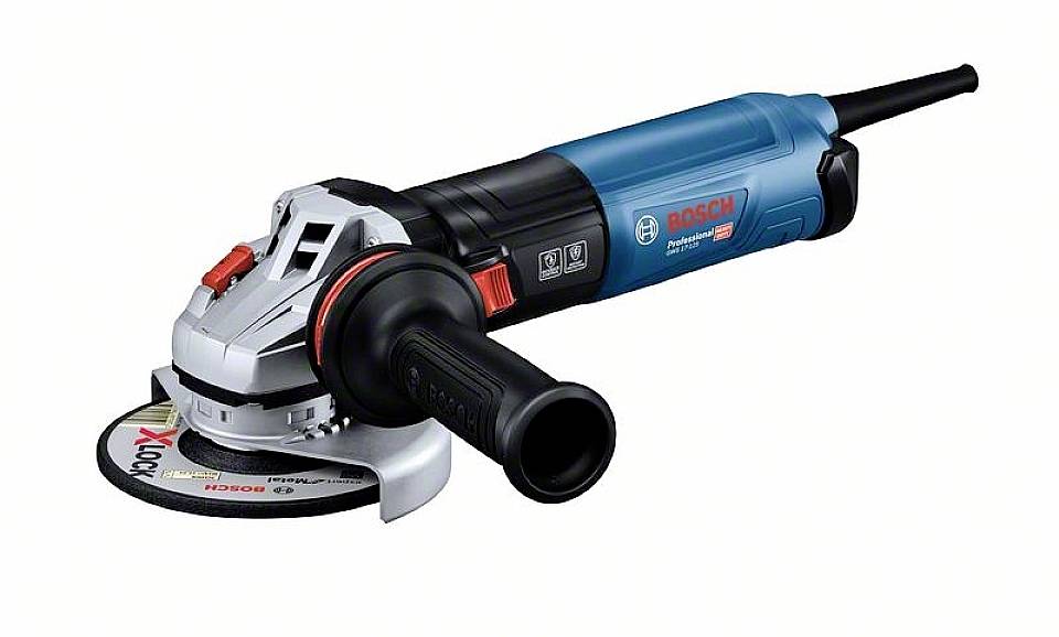 A blue Bosch angle grinder with a black handle and red button, suitable for grinding metal surfaces.