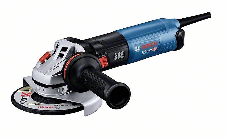 A blue angle grinder with a black handle and red switch, Bosch brand, is lying on a white background.
