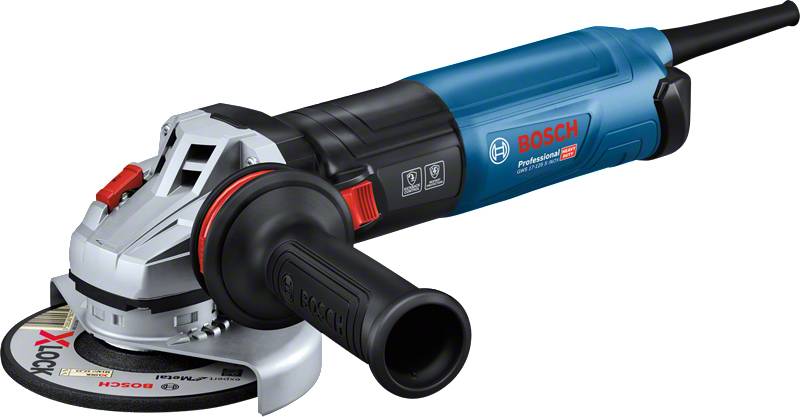 A Bosch angle grinder with a blue and black casing, a side handle, a circular grinding disc and brand logo.