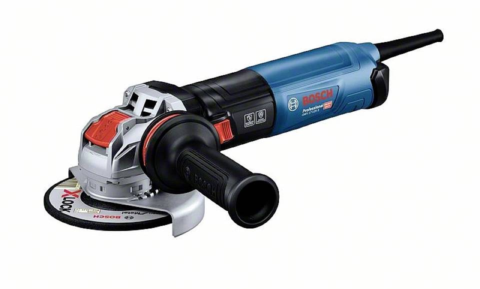 A blue angle grinder with a black handle and red switch, Bosch brand. Primarily used for cutting or grinding.
