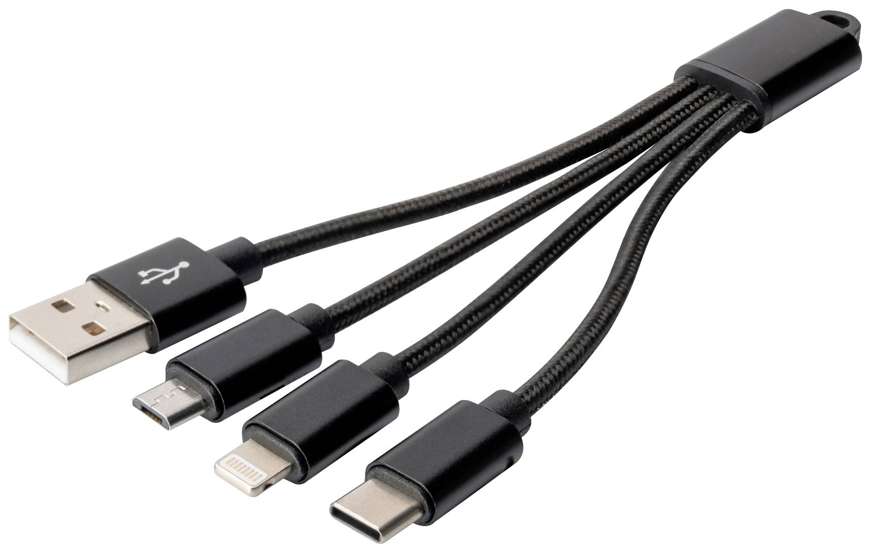 USB cable with three connectors: USB-A, Lightning, Micro-USB and USB-C. Ideal for charging various devices.