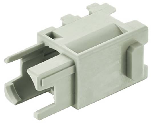 A grey, rectangular plastic component with multiple protrusions and recesses, suitable as an electrical connector.