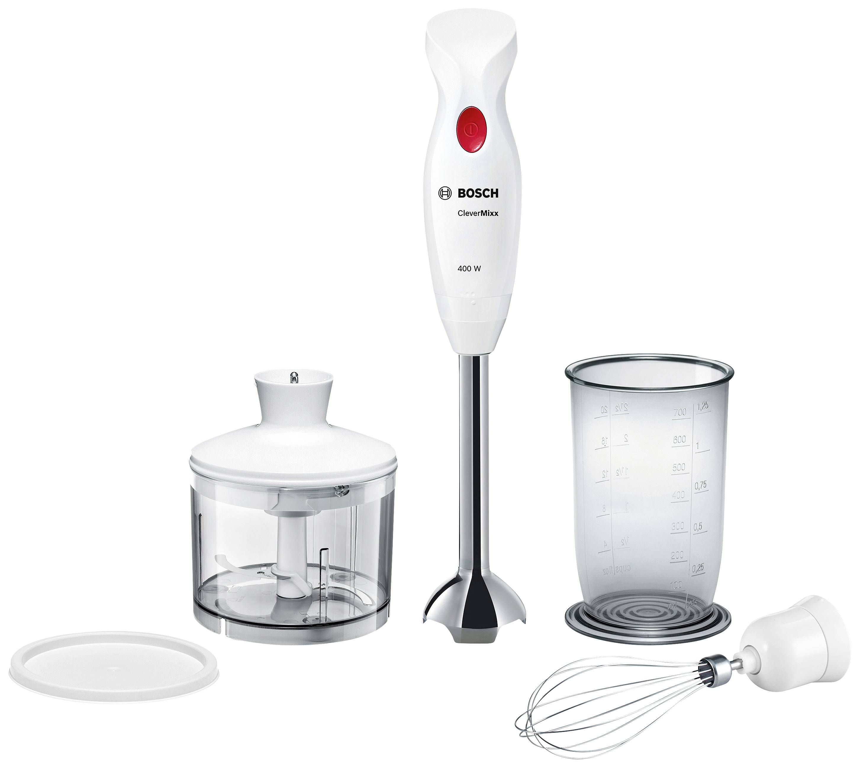Hand blender set with a blending stick, chopper, measuring jug and whisk attachment, all in white, on a white surface.