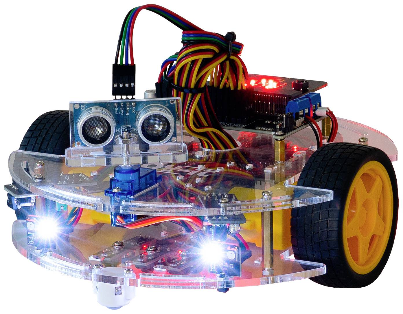 A small, transparent robot on wheels with coloured cables and glowing sensors, presumably built for obstacle detection.