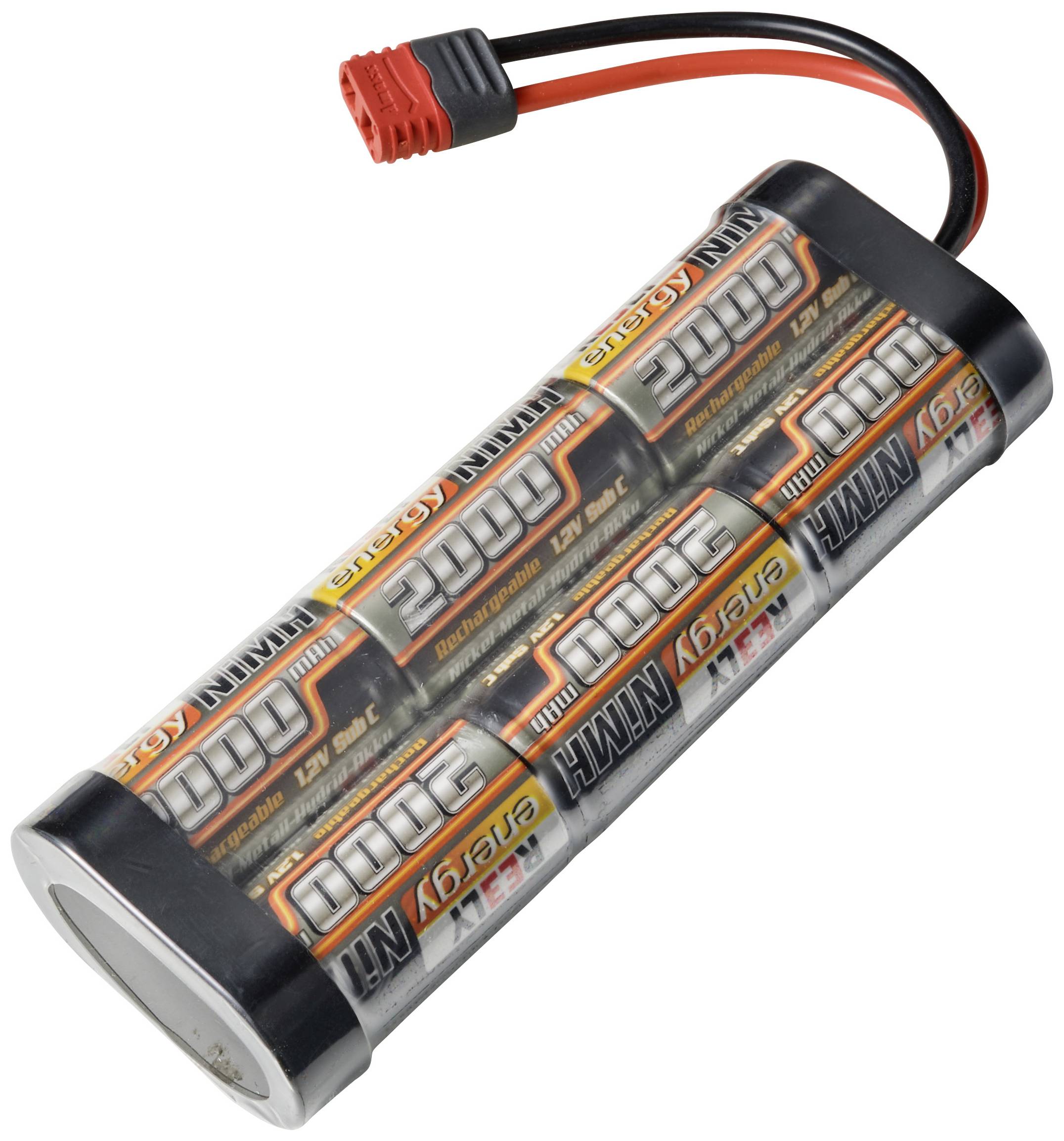 A battery pack with black and orange labels, consisting of multiple cylindrical cells in shrink wrap. A red connector is attached.