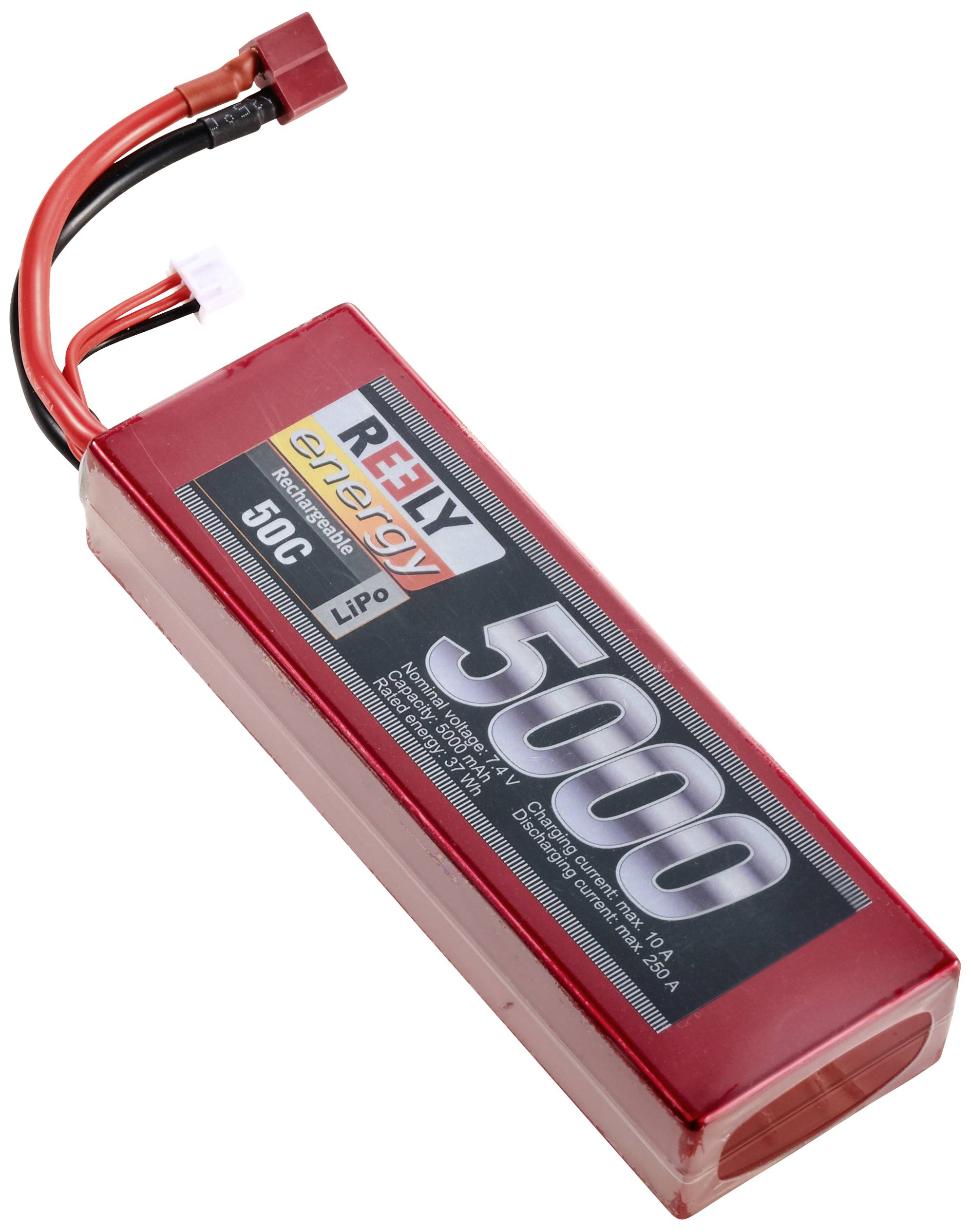 LiPo Battery Pack 5000mAh 7.4V with T-connector, suitable for RC models. Red casing with black and red label by Reely.