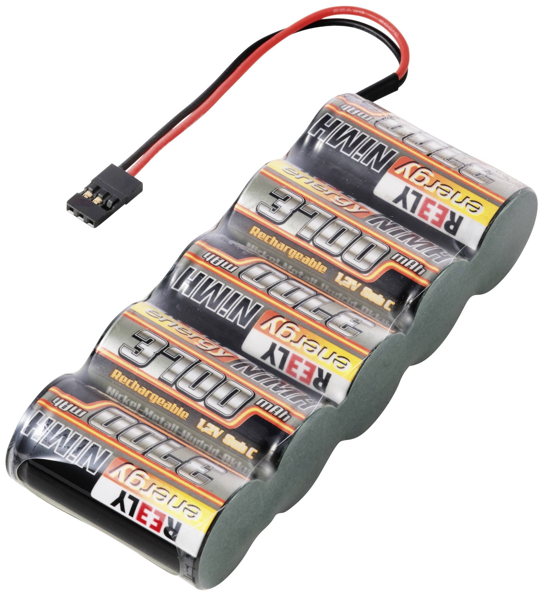A rechargeable NiMH battery pack with four cells and cables, suitable for RC models or electronic applications.