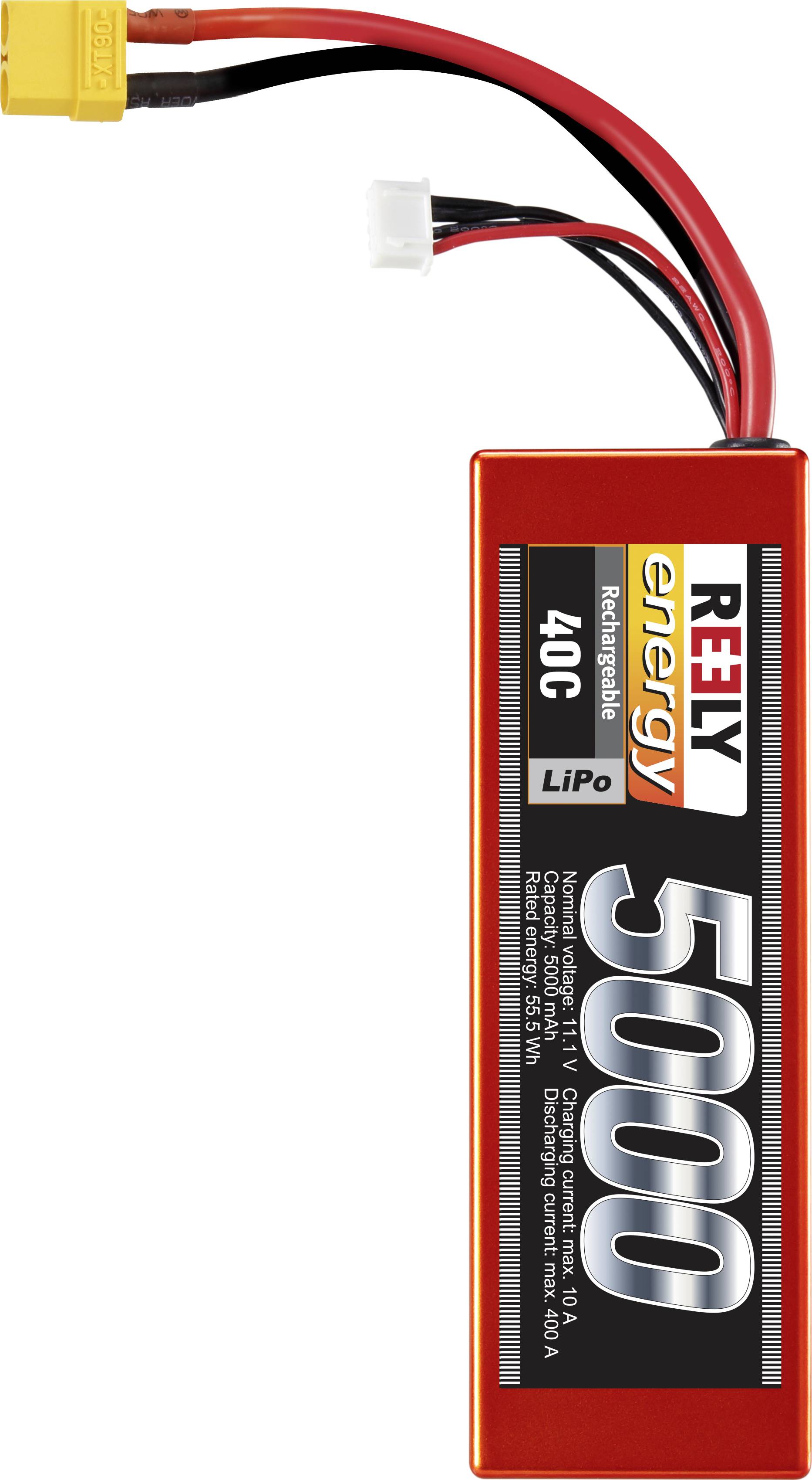 LiPo battery by Reely with 5000mAh and 11.1V. Suitable for high-performance applications. Red casing with connection cables and plugs.