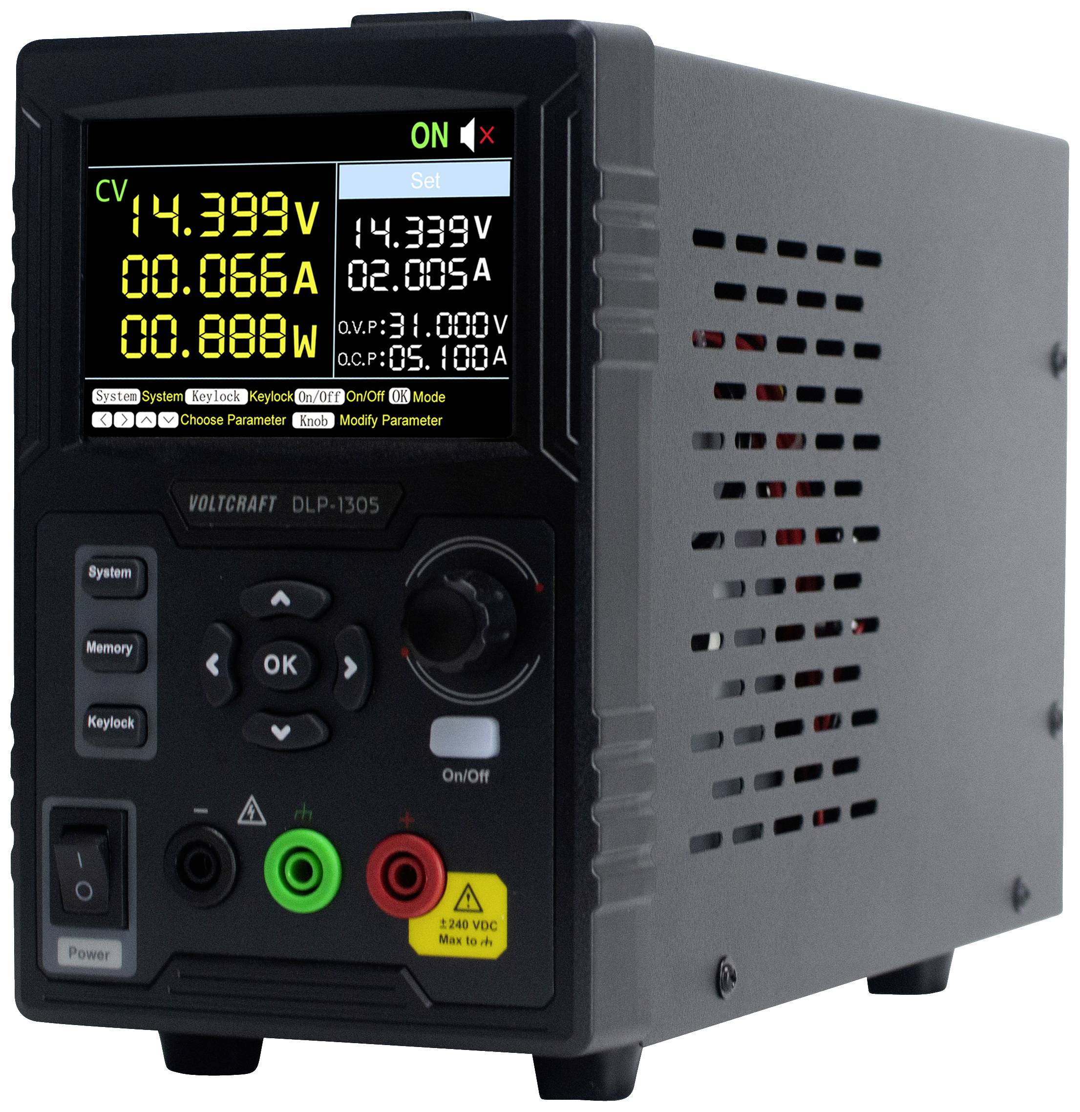 Black power supply unit with digital display. The display shows current, voltage, and power. Three large buttons and control knobs are located underneath.