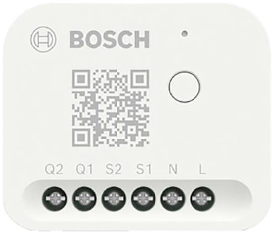 A Bosch module with a QR code, a button and connections for Q2, Q1, S2, S1, N, L. Device for electrical wiring.