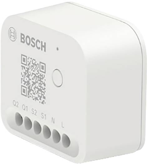 A white, rectangular Bosch Smart Home switch with a QR code, button, and six connections for controlling various functions.