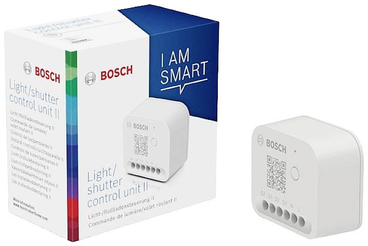 'Bosch' light and roller shutter control unit, white control unit with packaging in the background. Packaging labelled with 'I am smart'.