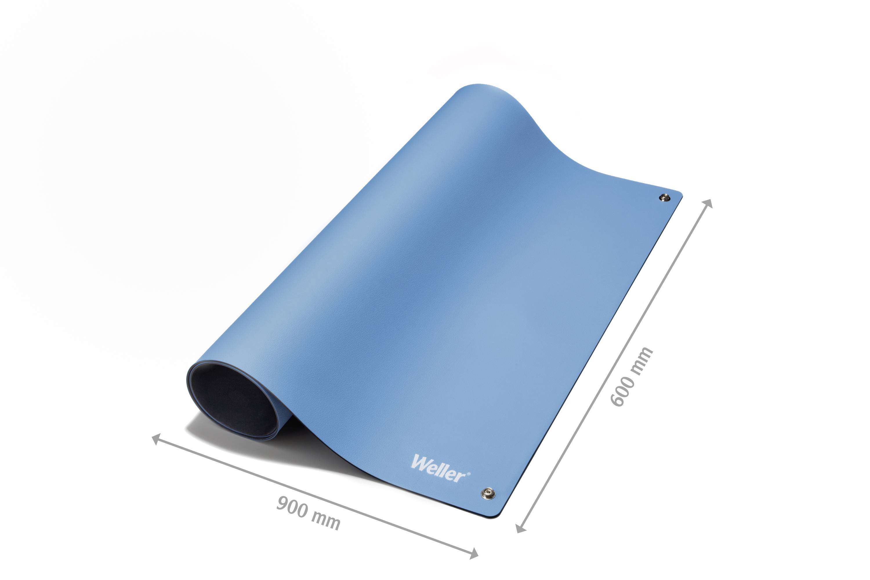 Blue, rolled mat from 'Weller', with dimensions 900 mm x 600 mm and metal discs at the corners.