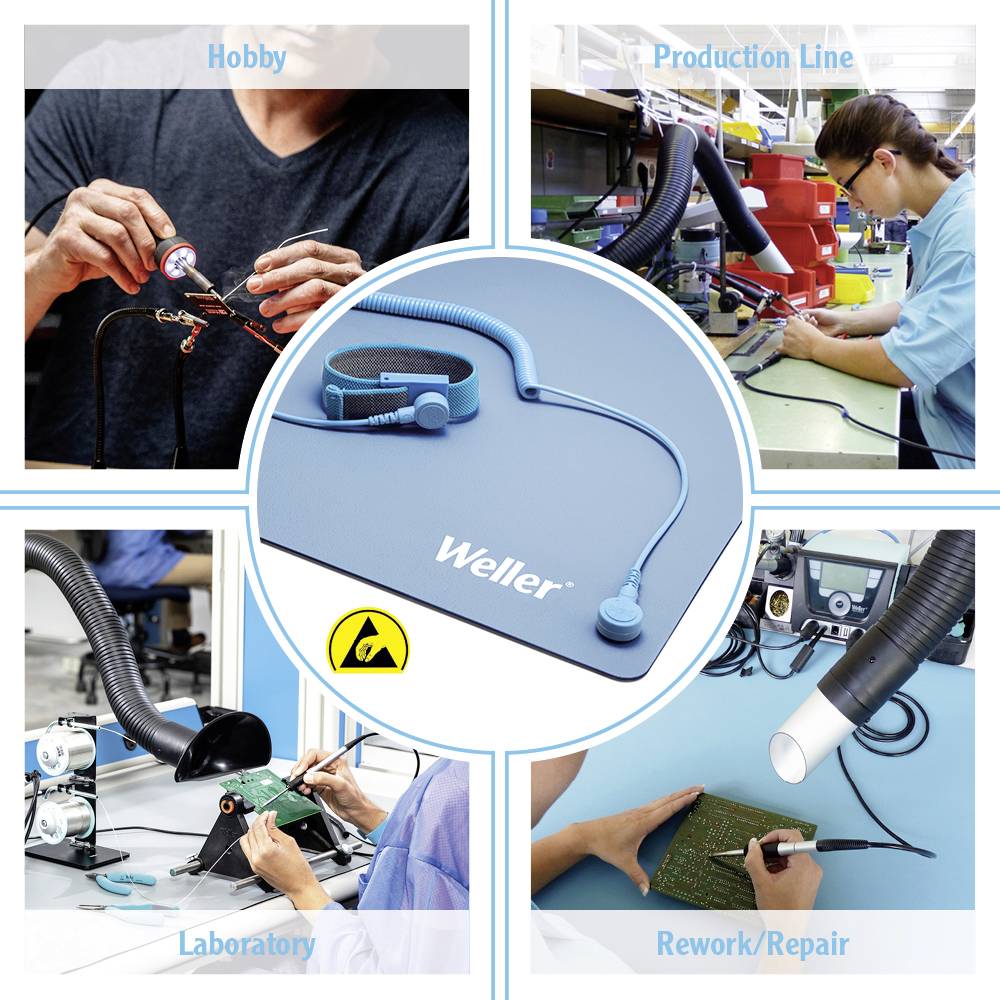'Weller' anti-static mat in the centre. Top left: Hobby area, top right: Production lines, bottom left: Laboratory, bottom right: Workbench.