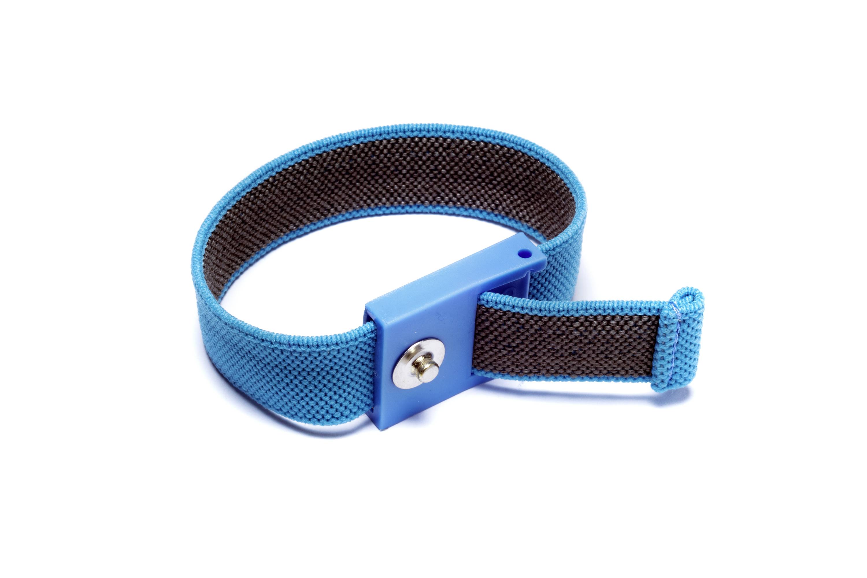 Blue anti-static wristband with buckle, used to discharge static electricity when working with electronic devices.