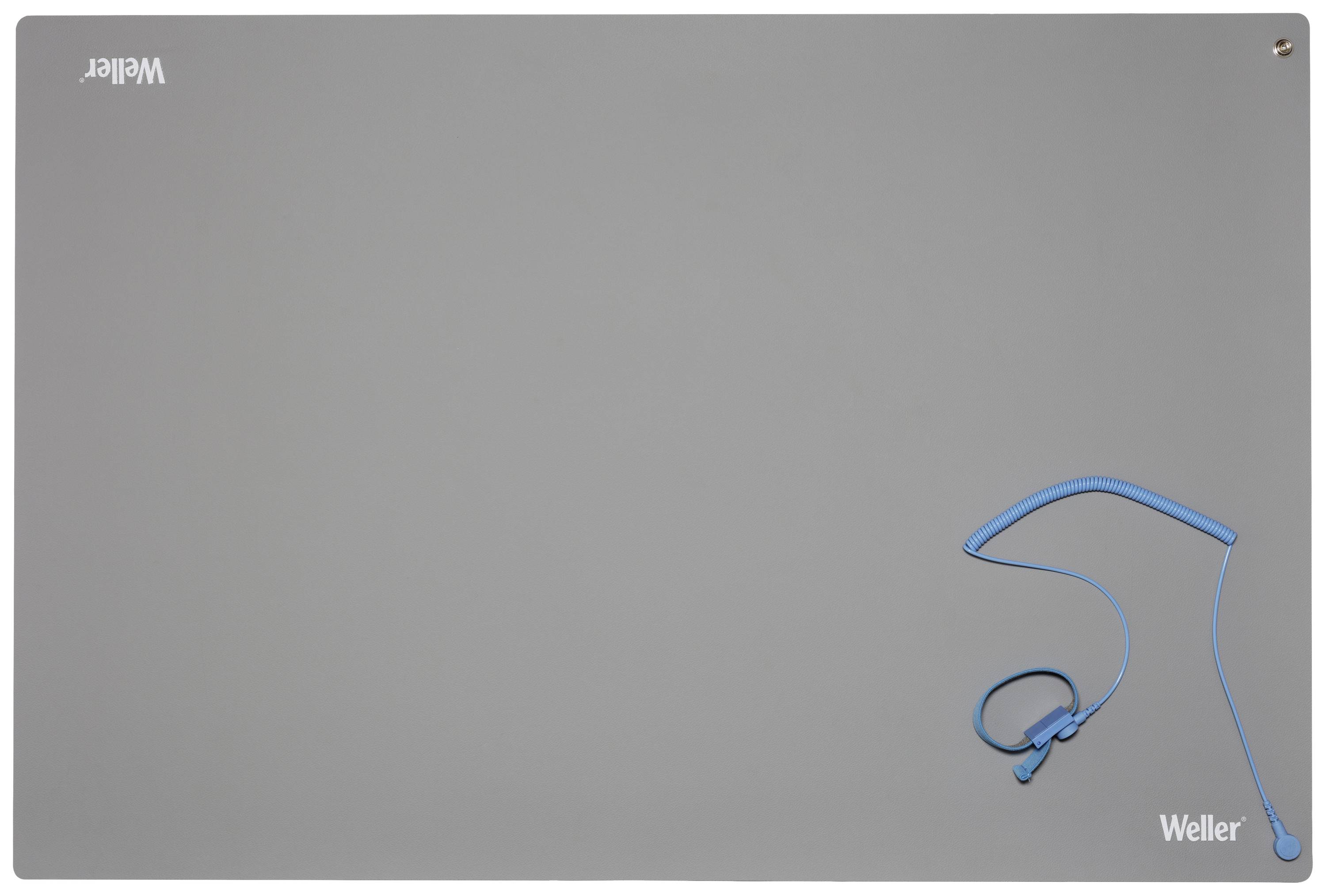 A grey work mat from Weller with a blue ESD wristband visible in the top right corner.