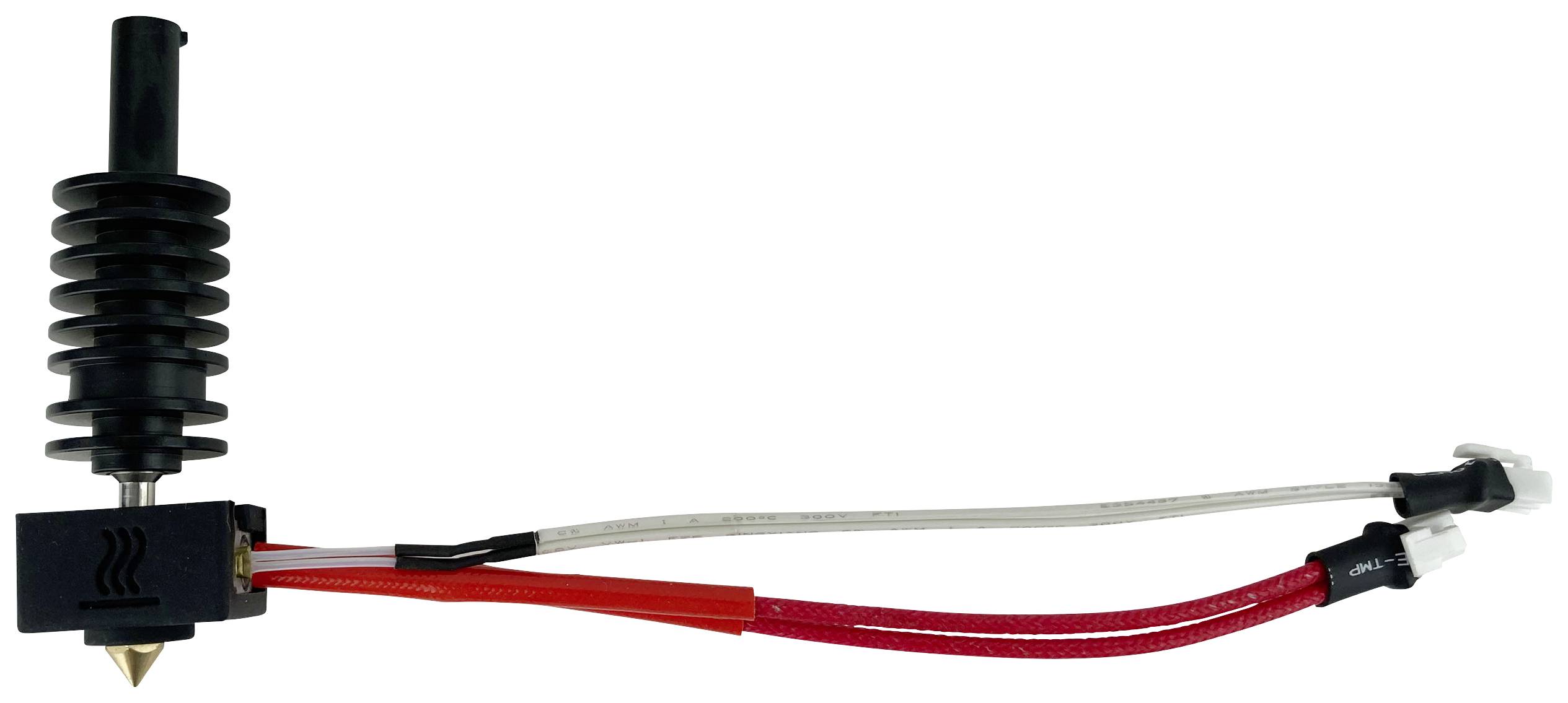 A 3D printer extruder with a black nozzle and red cable, used for melting and extruding printing material.