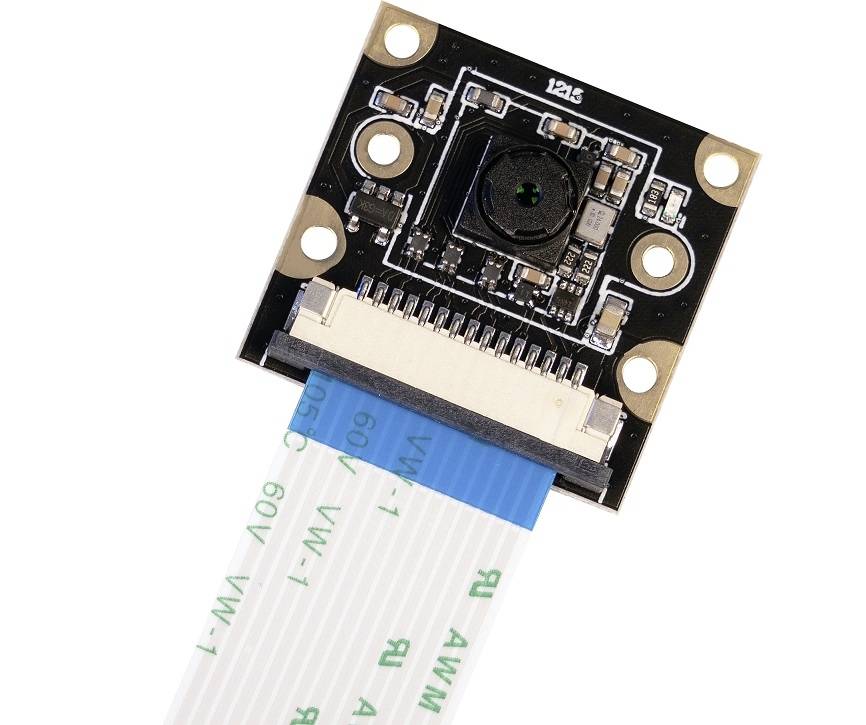Camera module with flat ribbon cable, used for electronic applications such as surveillance or robotics.