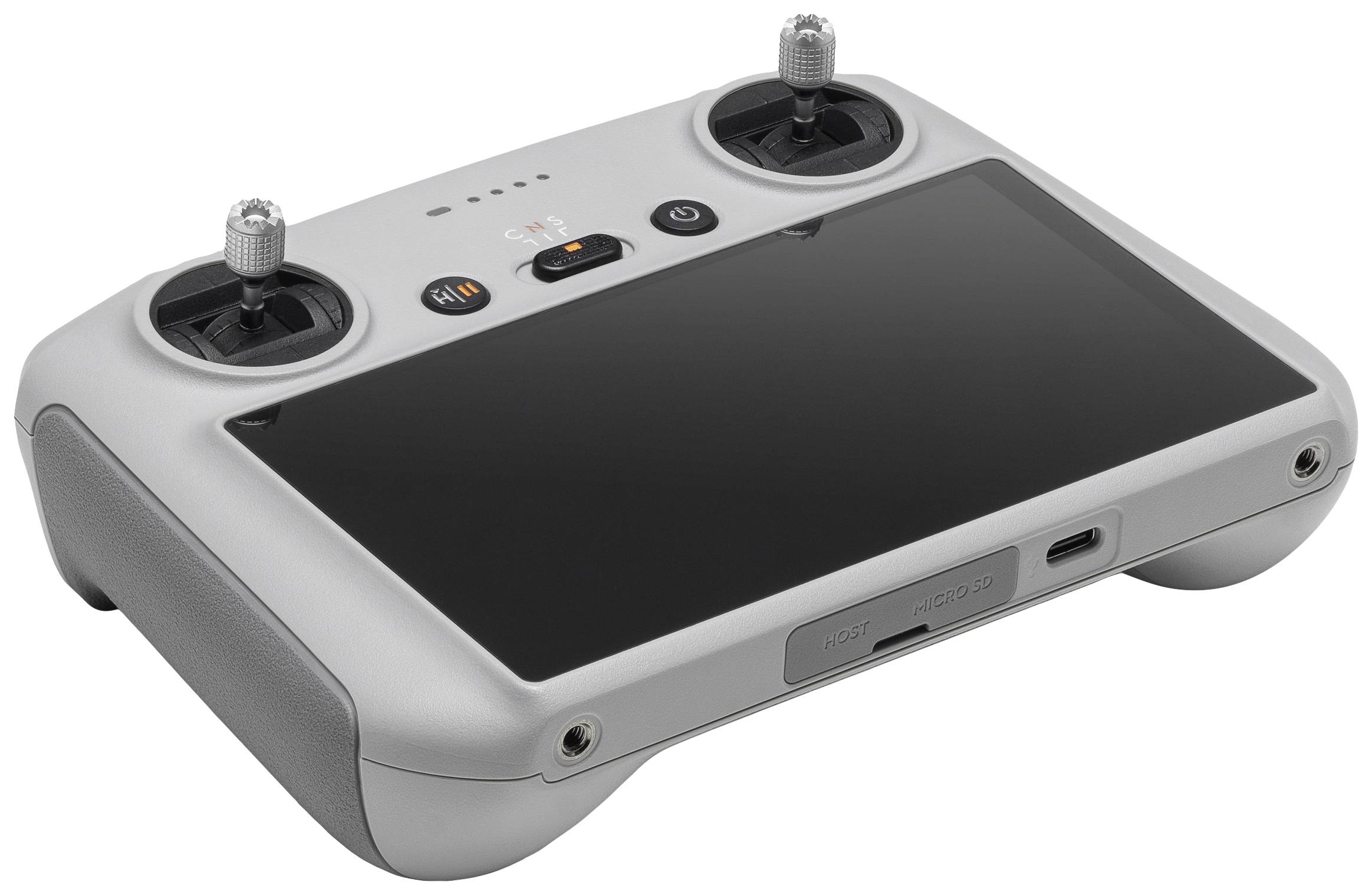 A grey remote control with two joysticks and a display, likely for controlling a drone.