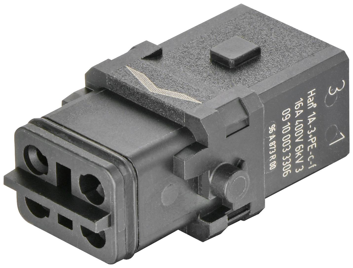 Industrial connector with a black plastic housing, rectangular in shape and with multiple connection options.
