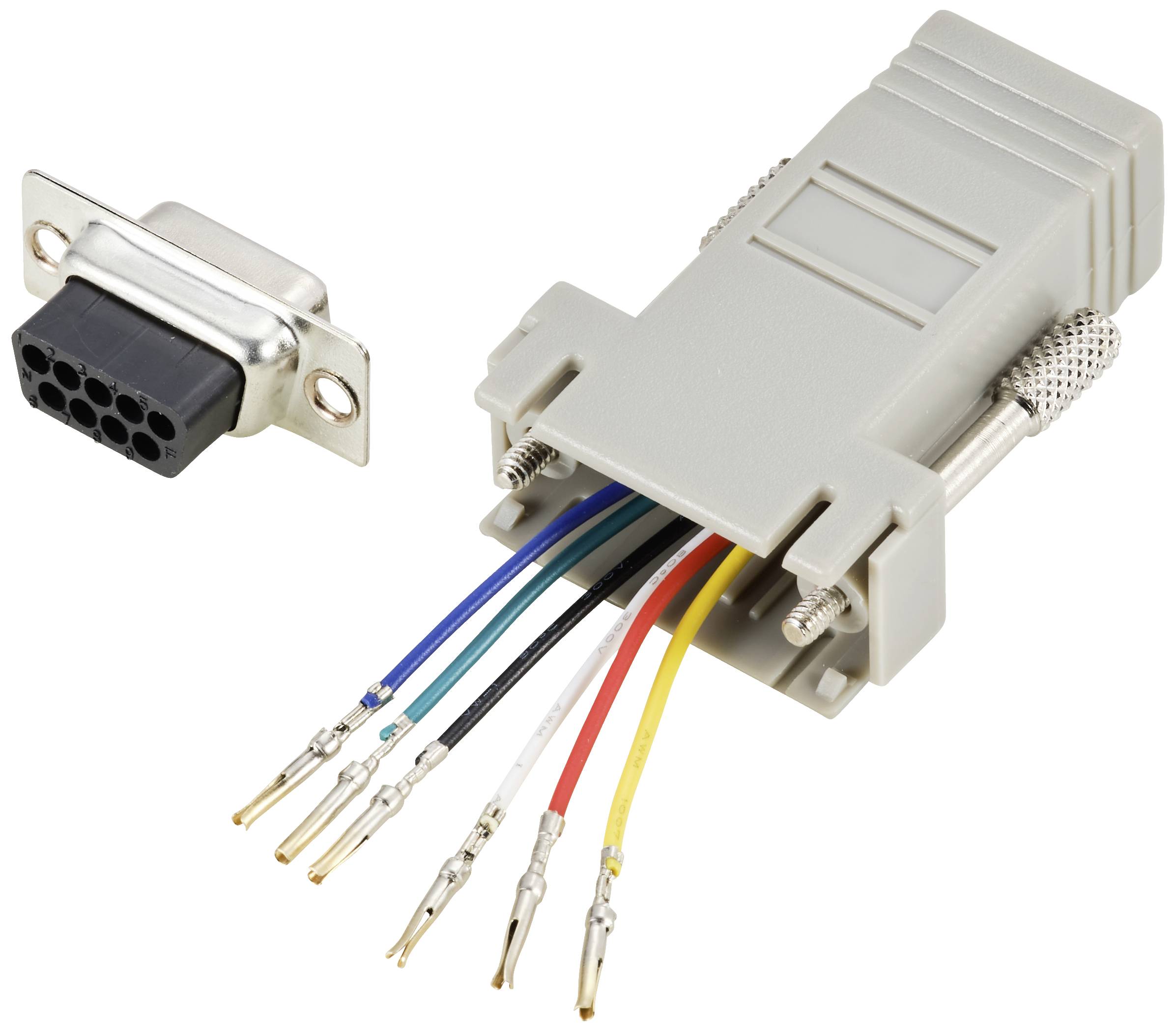 A grey DB9 plug lockable with exposed coloured wires (blue, green, red, yellow, black) and socket module.