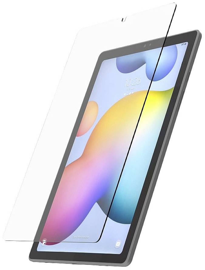 Tablet with a coloured screen and a transparent display protection film laid over it, completely covering the screen.
