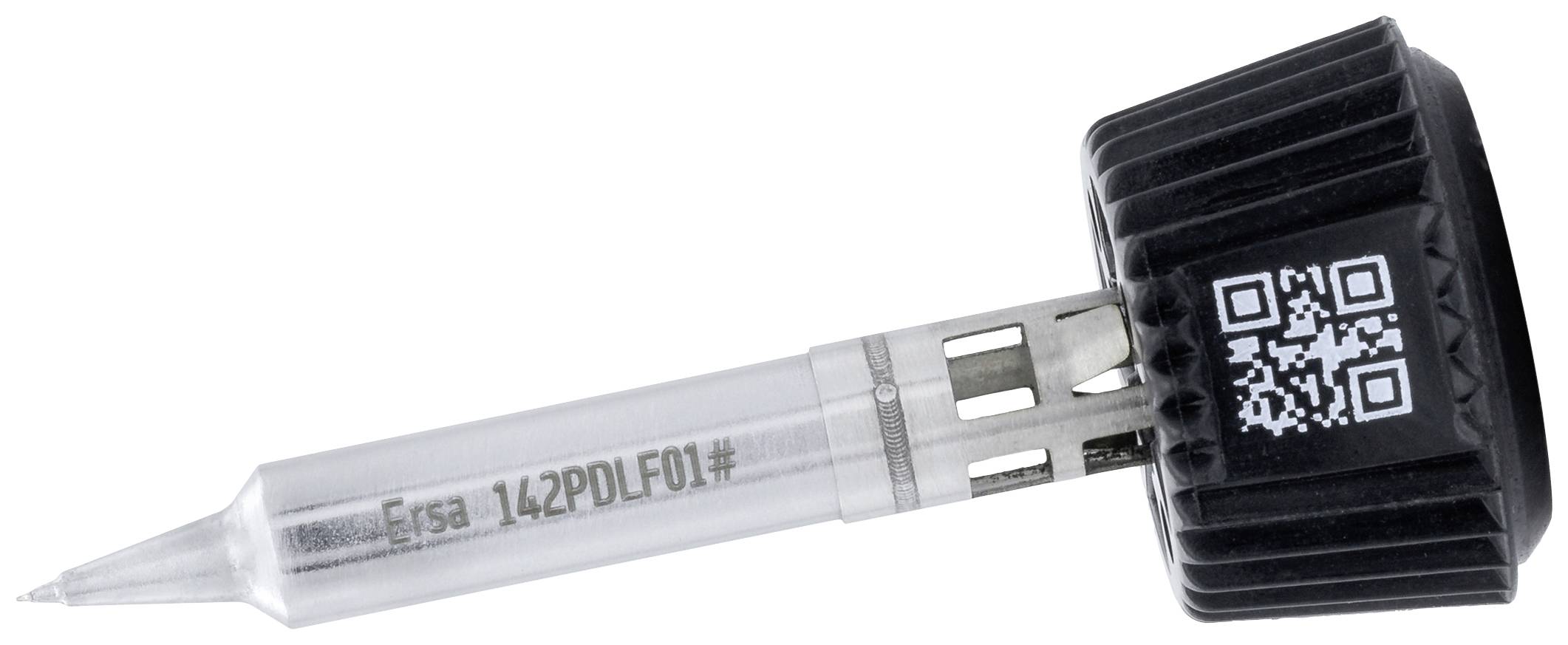 A transparent screwdriver with a black handle and a QR code printed on it. Numbers and letters are printed on the shaft.