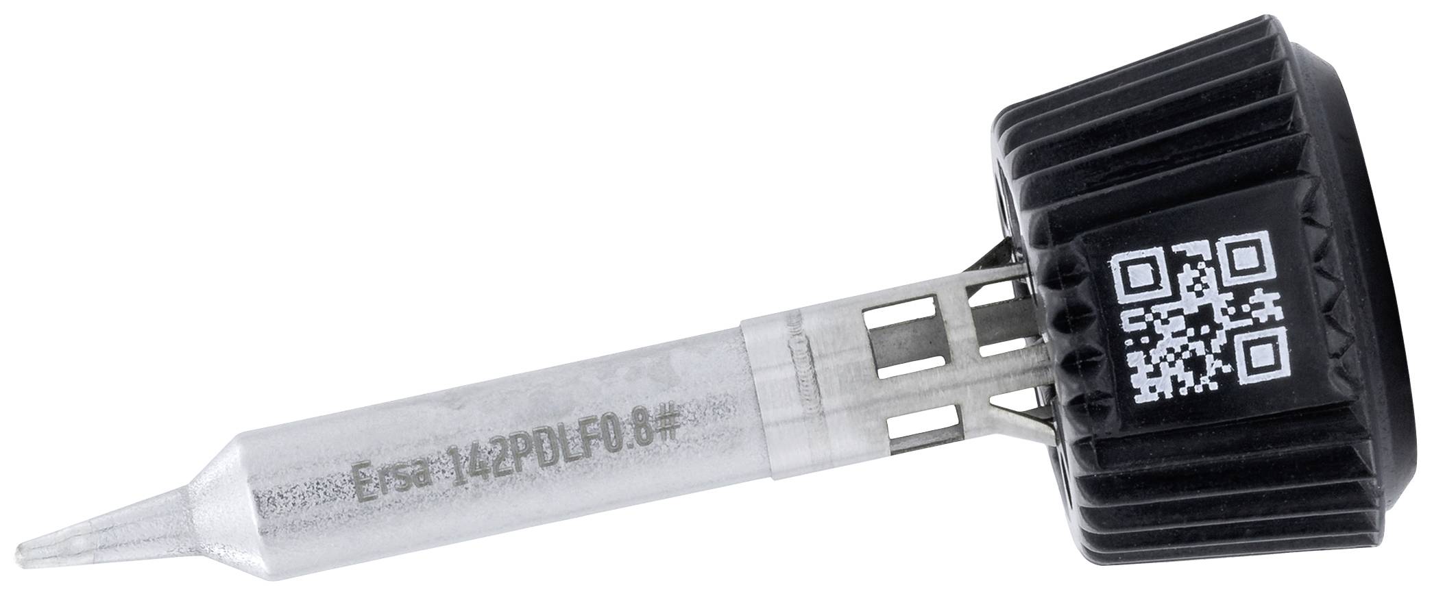 Close-up: Detail of a metallic and black soldering tip attachment with QR code.