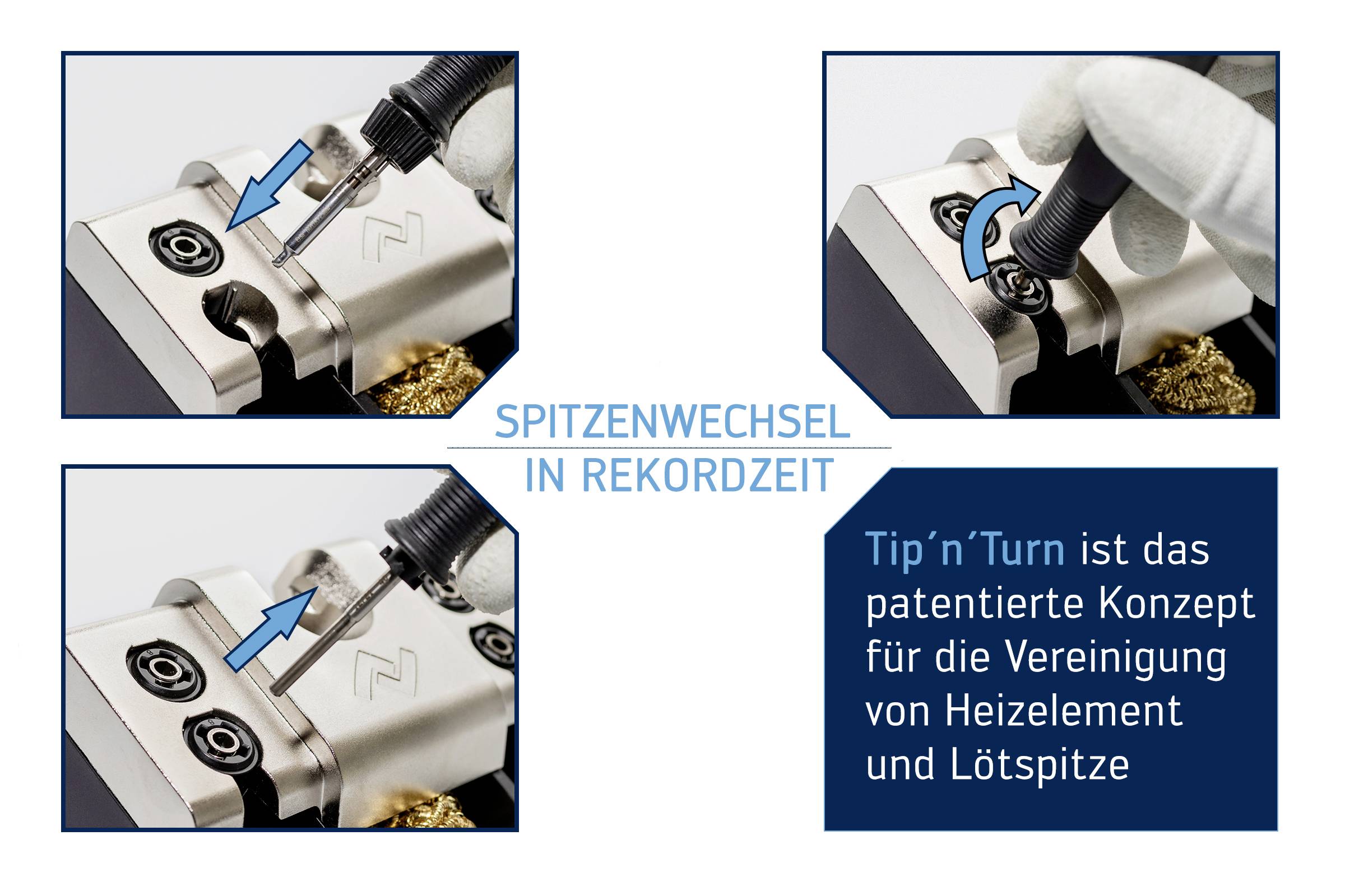 'Tip Change in Record Time' demonstrates three steps for quickly changing a soldering tip using a new patented system.