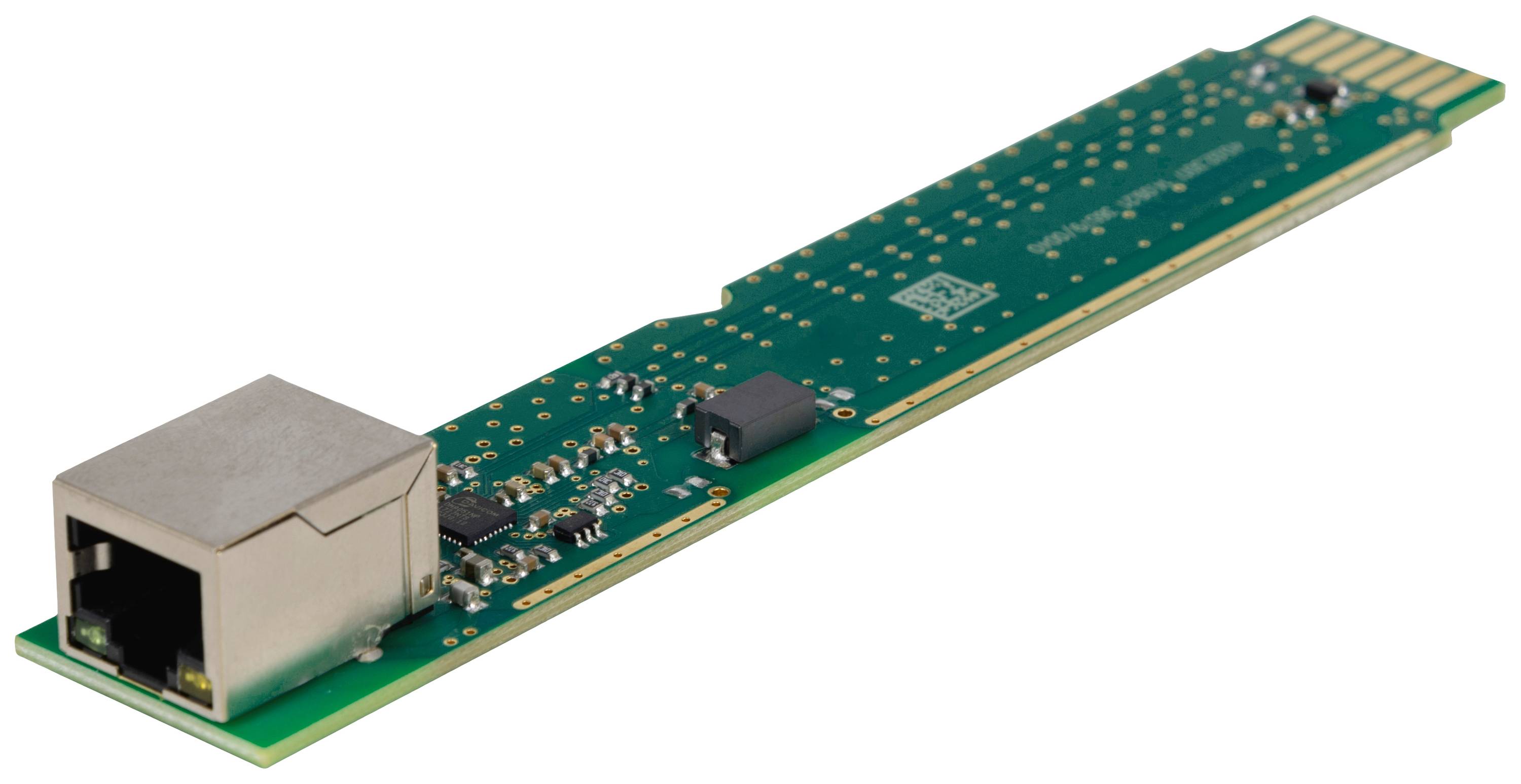 An electronic circuit board with an Ethernet port, several small components, and gold-coloured contacts along the edge.