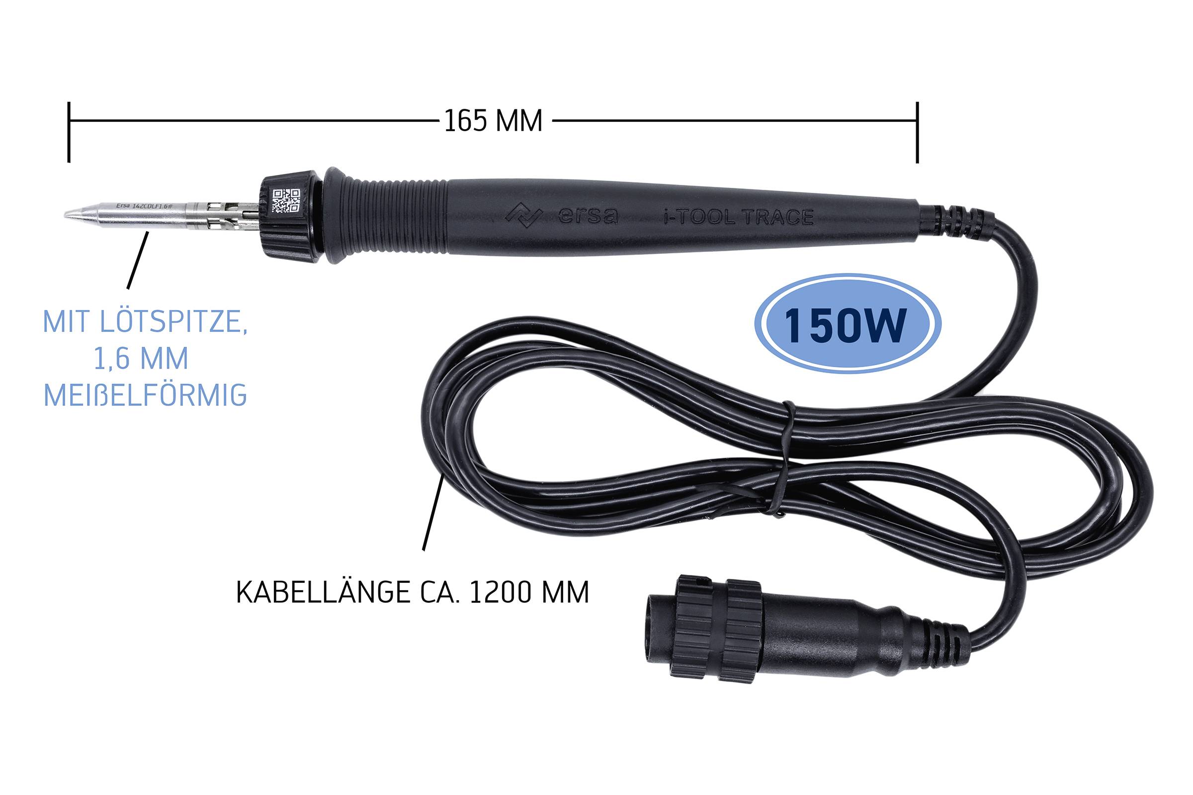 Soldering iron with a power rating of 150 watts. Total length 165 mm, cable length approx. 1200 mm. Soldering iron tip 1.6 mm chisel-shaped.